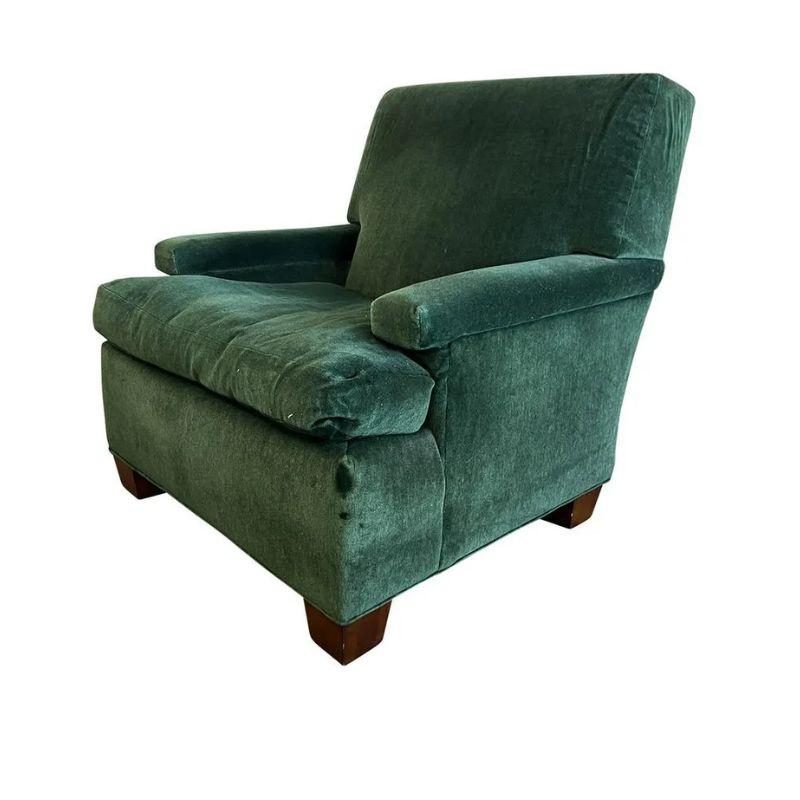 A custom Hickory Chair Furniture green mohair velvet MacDonald style club chair with a tailored, square shaped back and square front seat and low straight arms, filled with down cushions and sitting on square wood feet. A classic and tailored