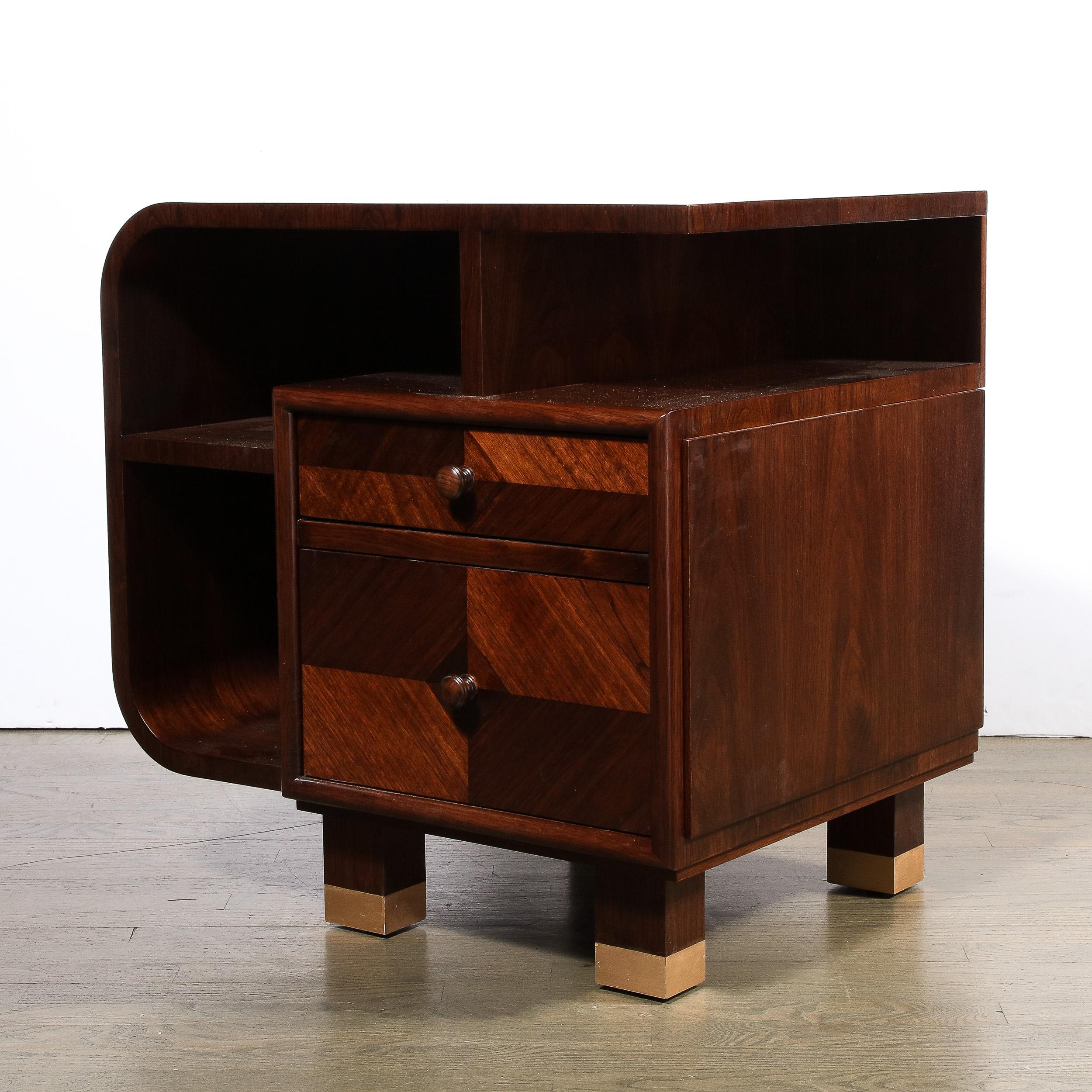 Custom High Style Art Deco Style Bookmatched Walnut Nightstands w Brass Sabots For Sale 5