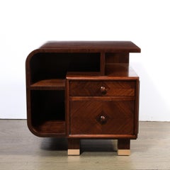 Custom High Style Art Deco Style Bookmatched Walnut Nightstands w Brass Sabots