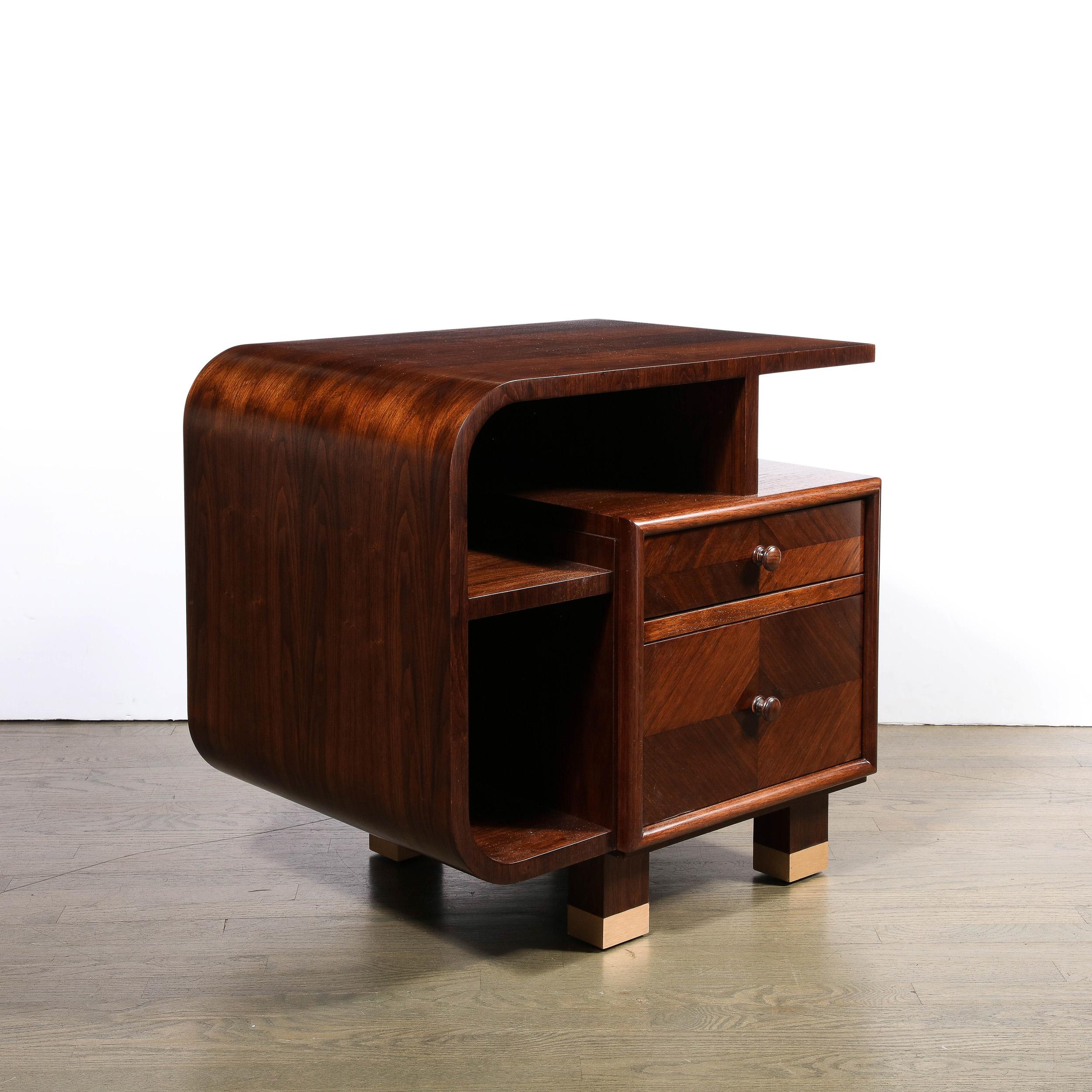 American Custom High Style Art Deco Style Bookmatched Walnut Nightstands w Brass Sabots For Sale