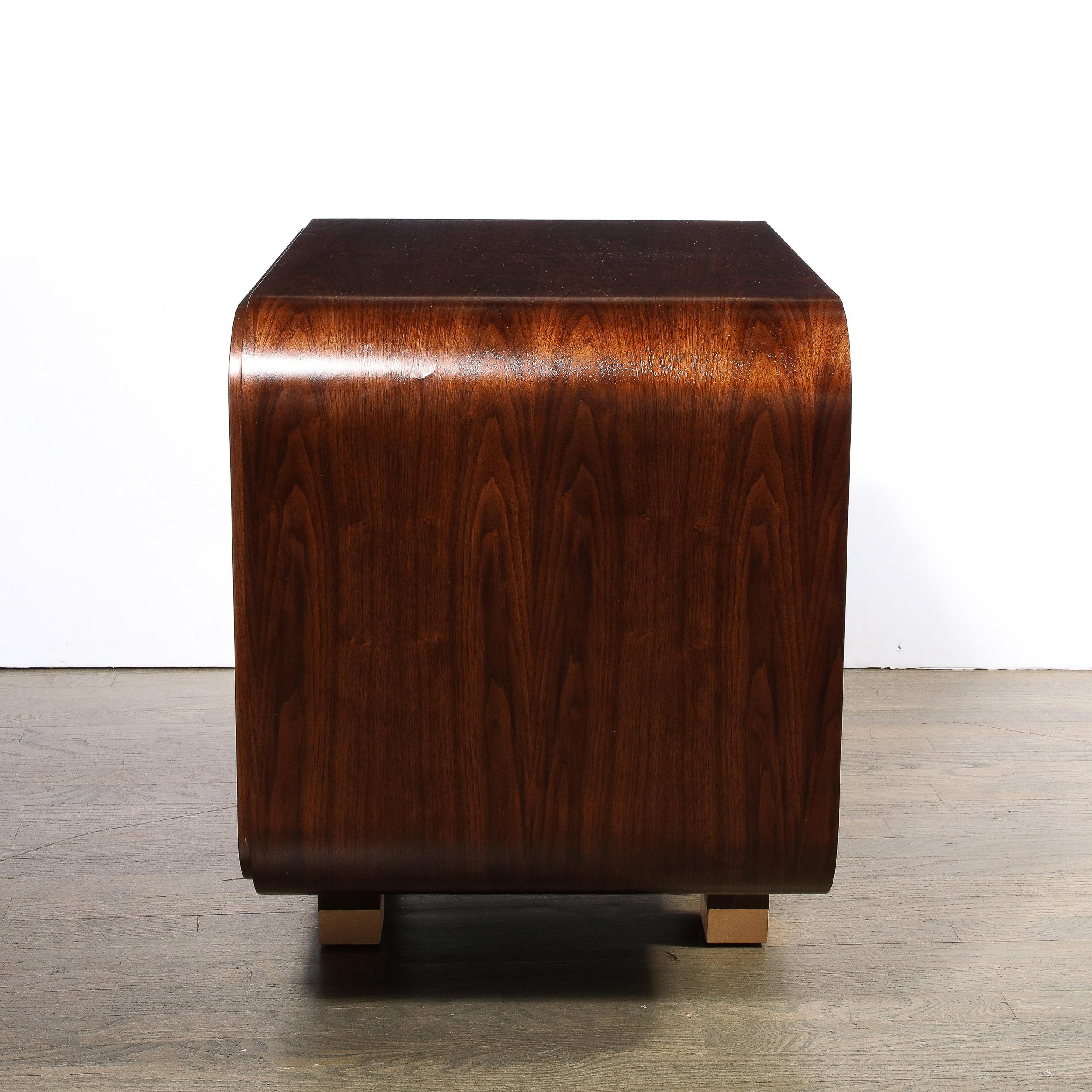 Custom High Style Art Deco Style Bookmatched Walnut Nightstands w Brass Sabots In New Condition For Sale In New York, NY