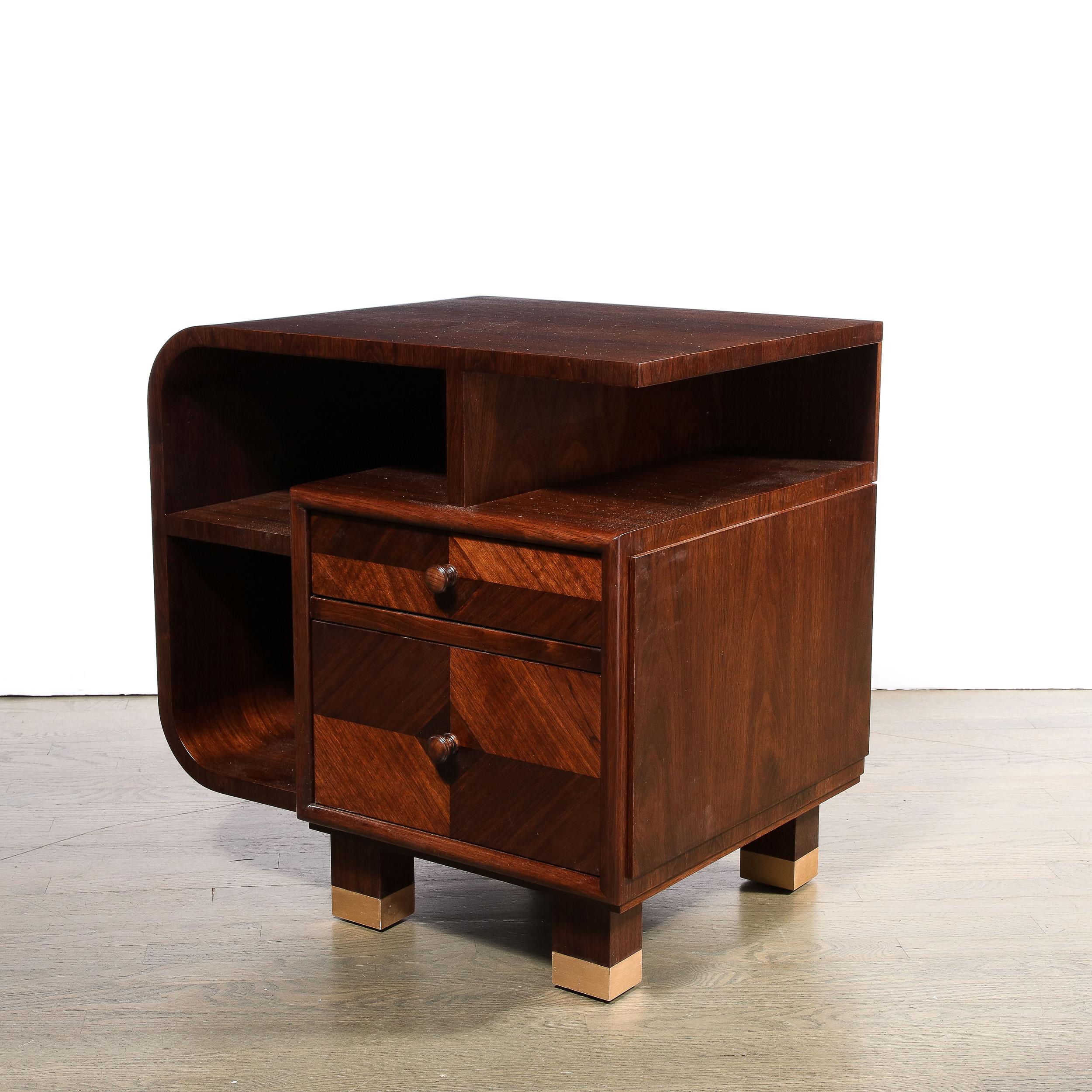 Custom High Style Art Deco Style Bookmatched Walnut Nightstands w Brass Sabots For Sale 1