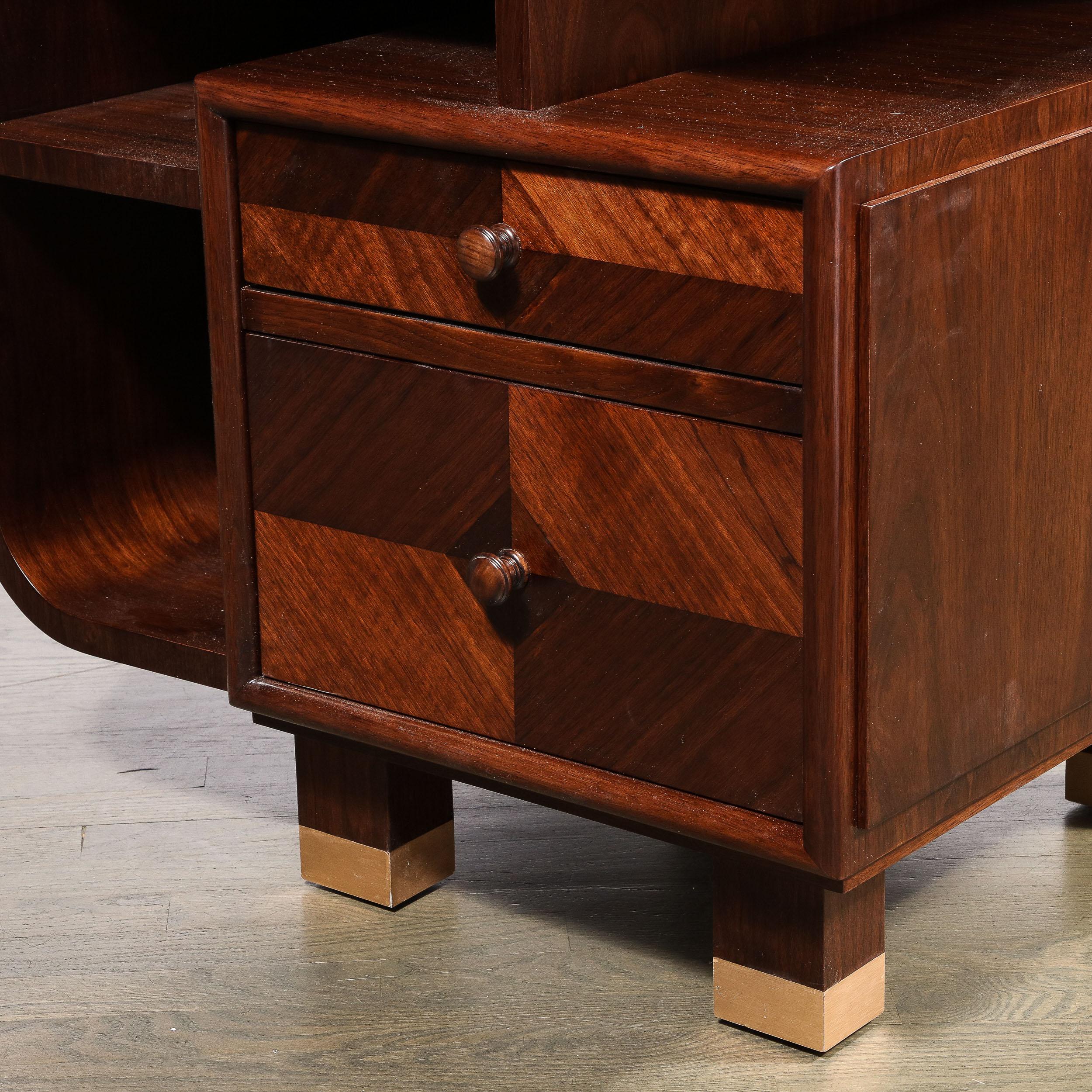 Custom High Style Art Deco Style Bookmatched Walnut Nightstands w Brass Sabots For Sale 2