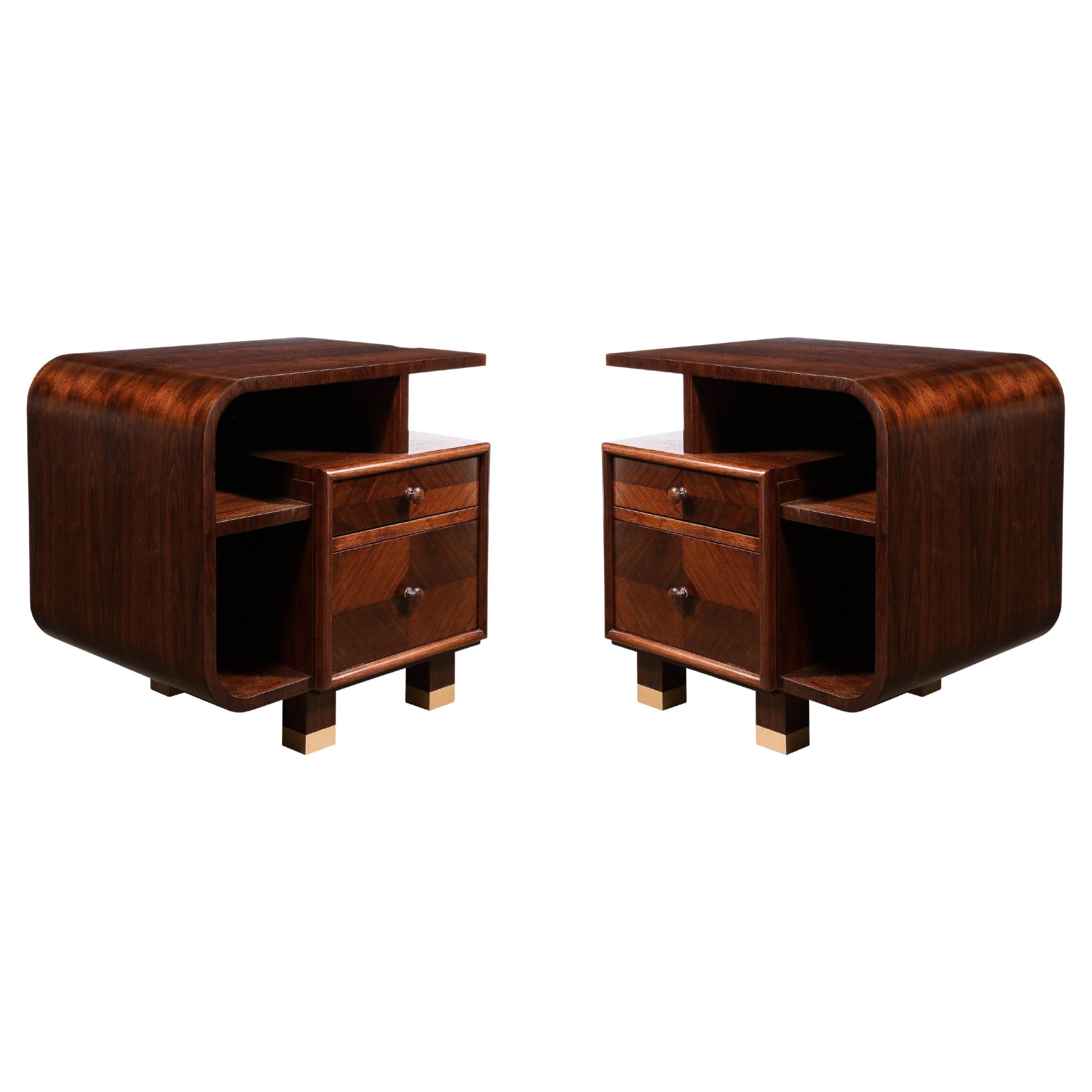 Custom High Style Art Deco Style Bookmatched Walnut Nightstands w Brass Sabots