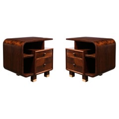 Custom High Style Art Deco Style Bookmatched Walnut Nightstands w Brass Sabots
