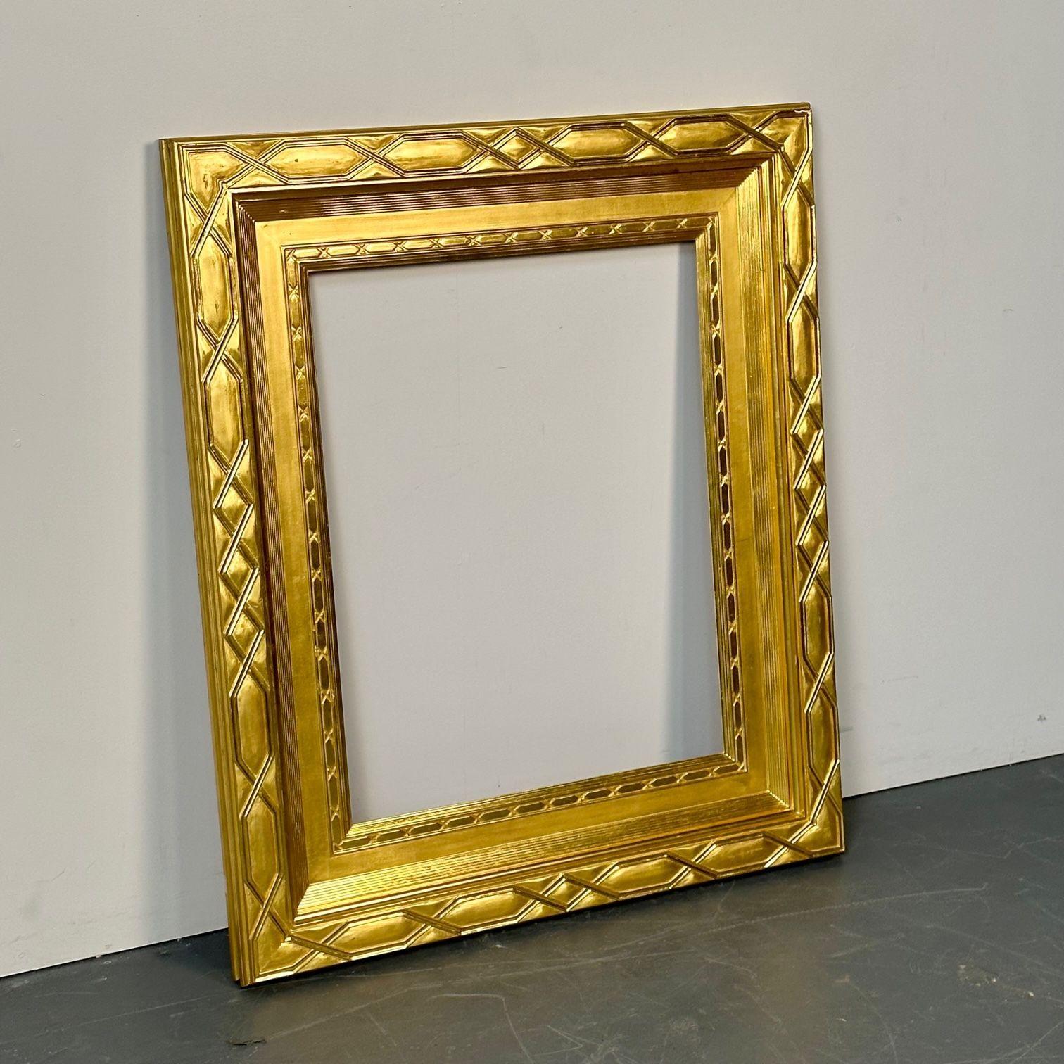 Custom Hollywood Regency Style Carved Giltwood Mirror / Painting Frame
One of a small collection of finely Gilt wood Wall or Console, Painting frames. This one with fine carvings. 
Exterior:  41.25H x 35.25W x 2.25D  Aperture:  27.75 x 21.75
gxa