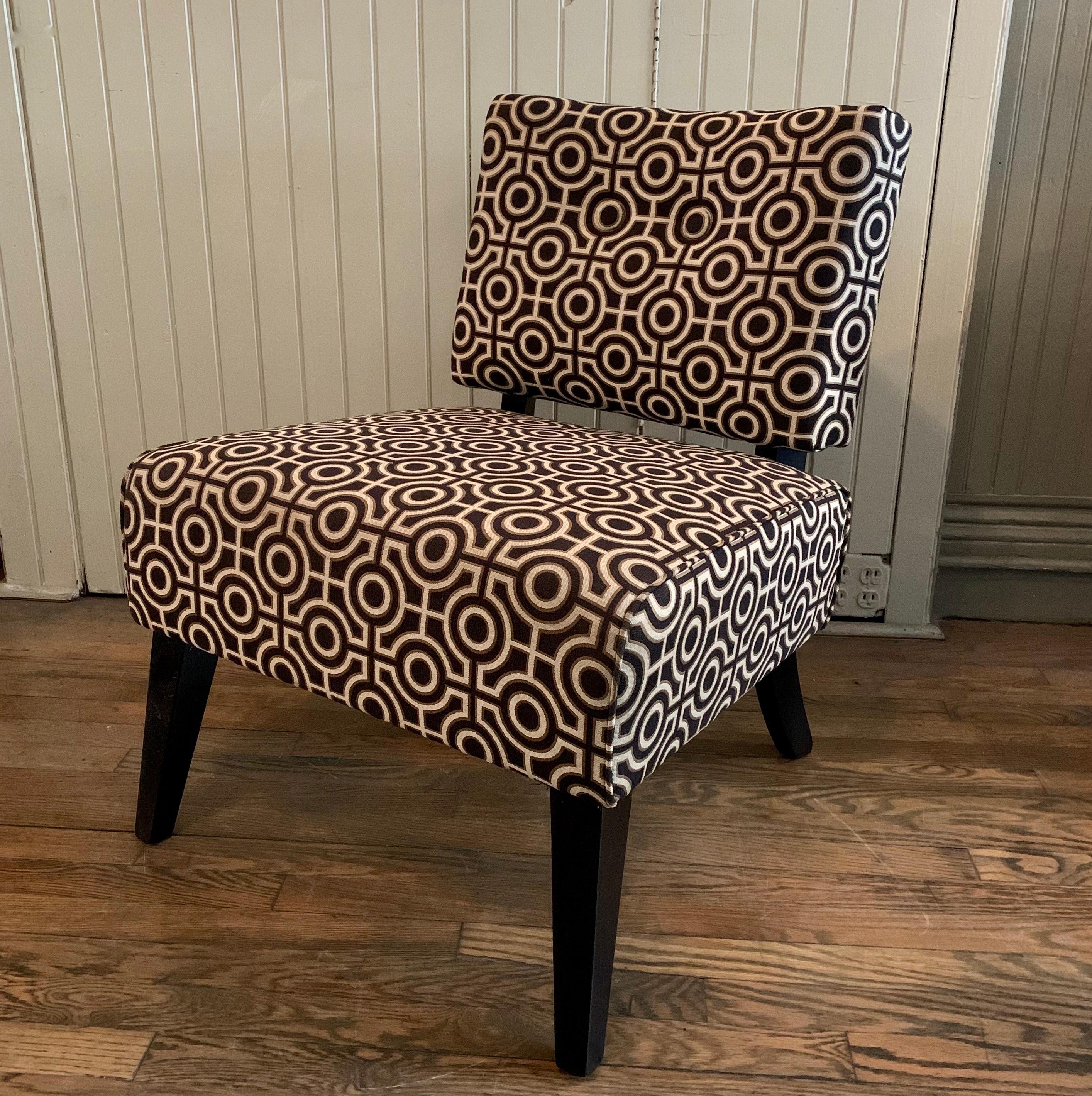 Custom, Hollywood Regency style, accent, slipper chair made by city Foundry in Brooklyn, NY features bold cotton or linen blend upholstery with a lacquered maple frame.
