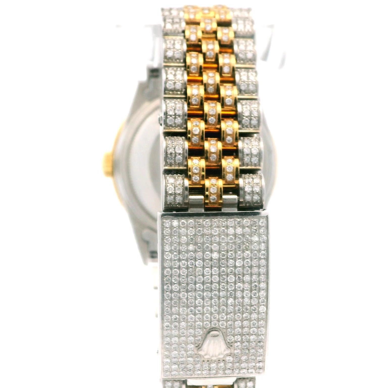Custom Iced Out Diamond Rolex Datejust Arabic Dial Gold Jubilee Wrist Watch In Excellent Condition For Sale In Newton, MA