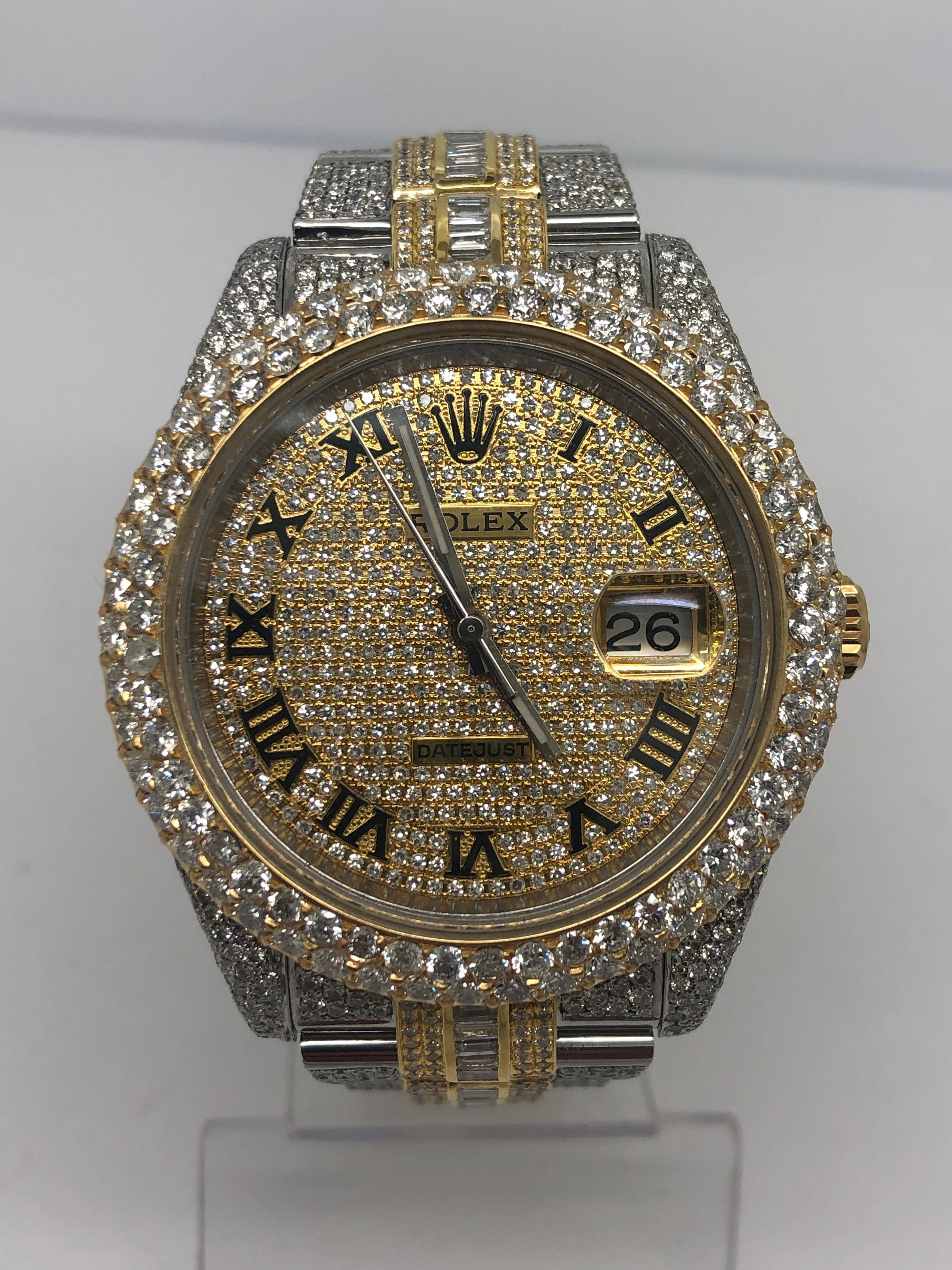 Art Deco Custom Iced Out Emerald Cut Diamonds Rolex Datejust Wrist Watch For Sale