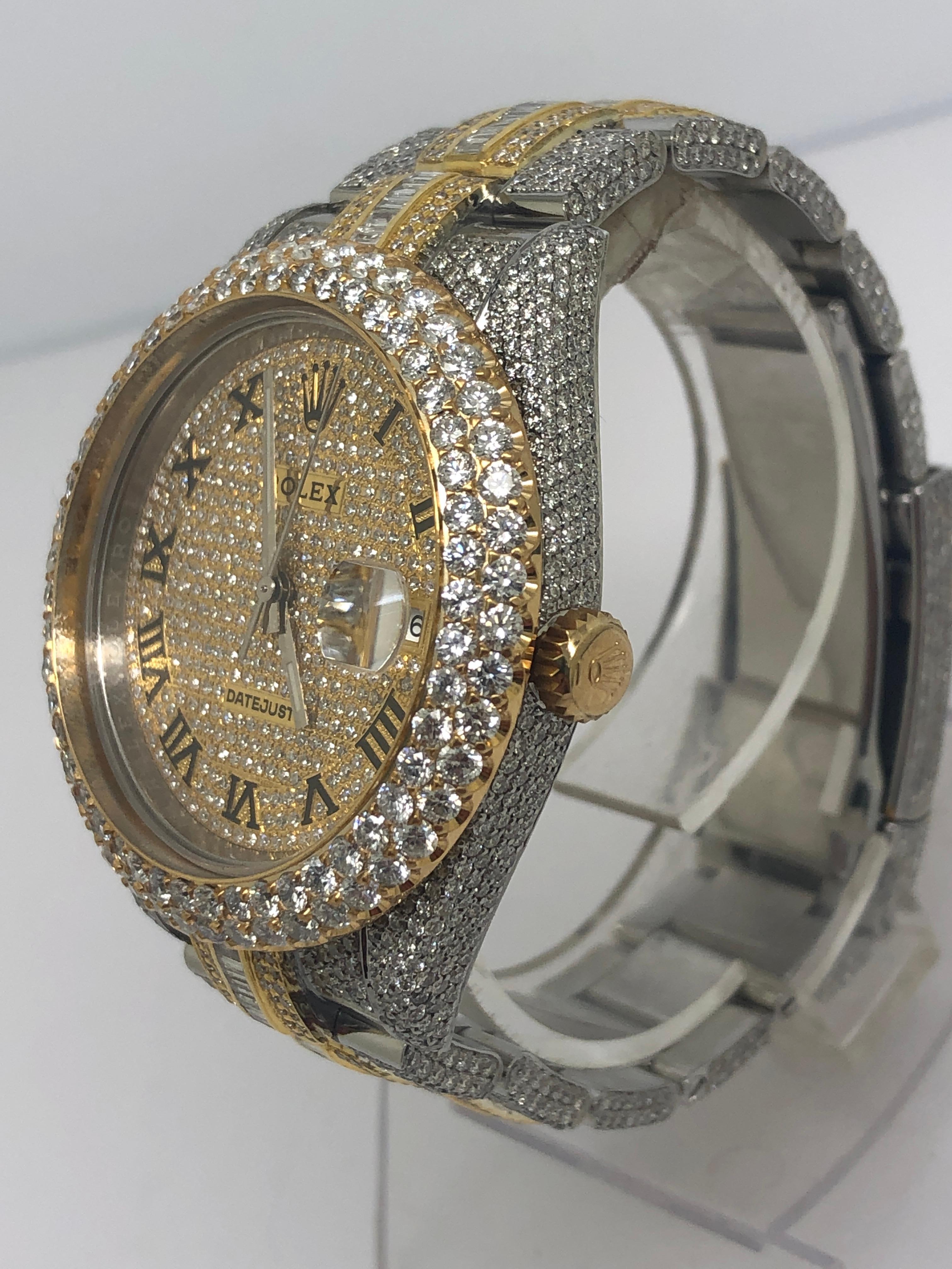Custom Iced Out Emerald Cut Diamonds Rolex Datejust Wrist Watch In Excellent Condition For Sale In New York, NY