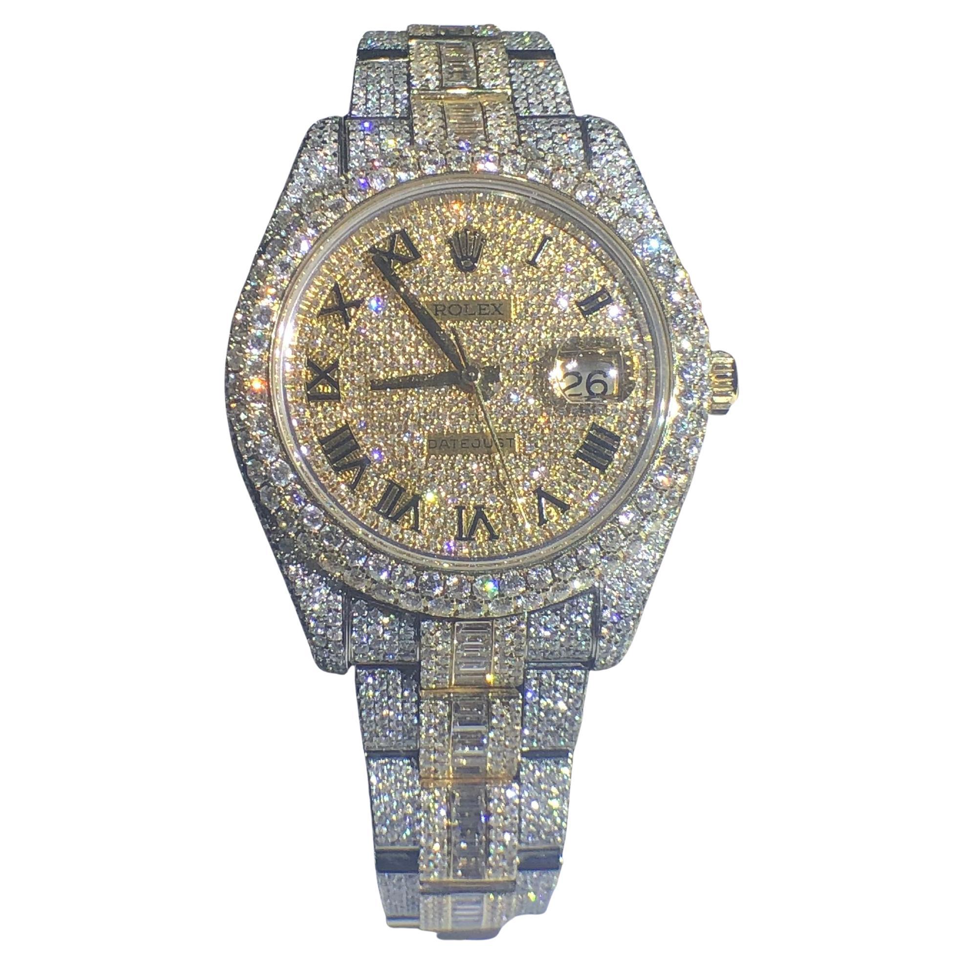 Custom Iced Out Emerald Cut Diamonds Rolex Datejust Wrist Watch For Sale