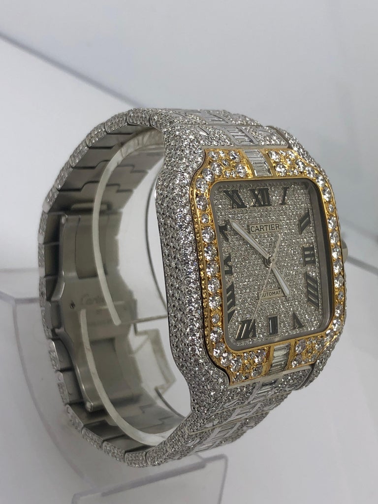 Custom Iced Out VS1 Emerald Cut Diamonds Cartier Santos Wrist Watch For