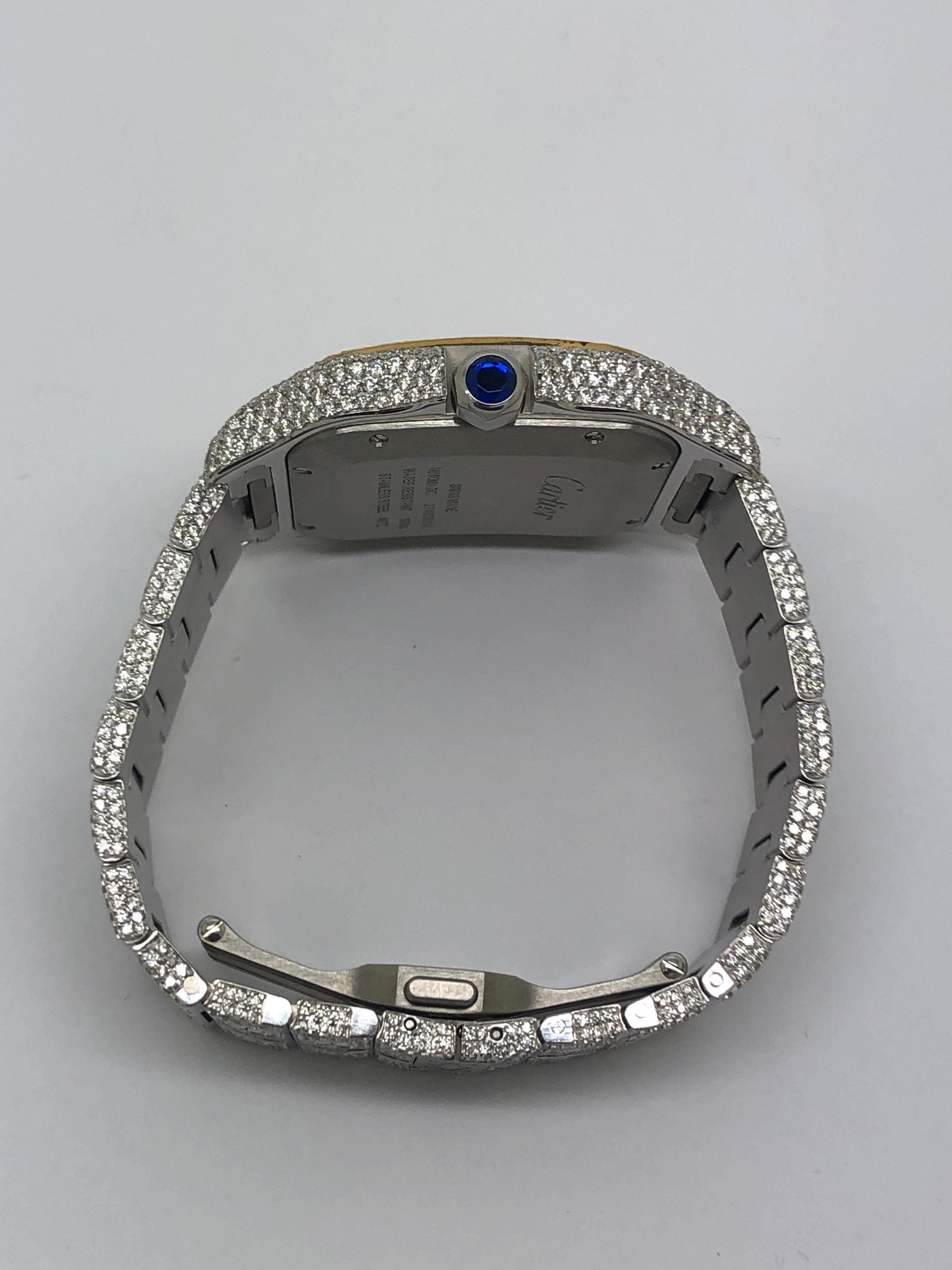 Custom Iced Out VS1 Emerald Cut Diamonds Cartier Santos Wrist Watch In New Condition For Sale In New York, NY