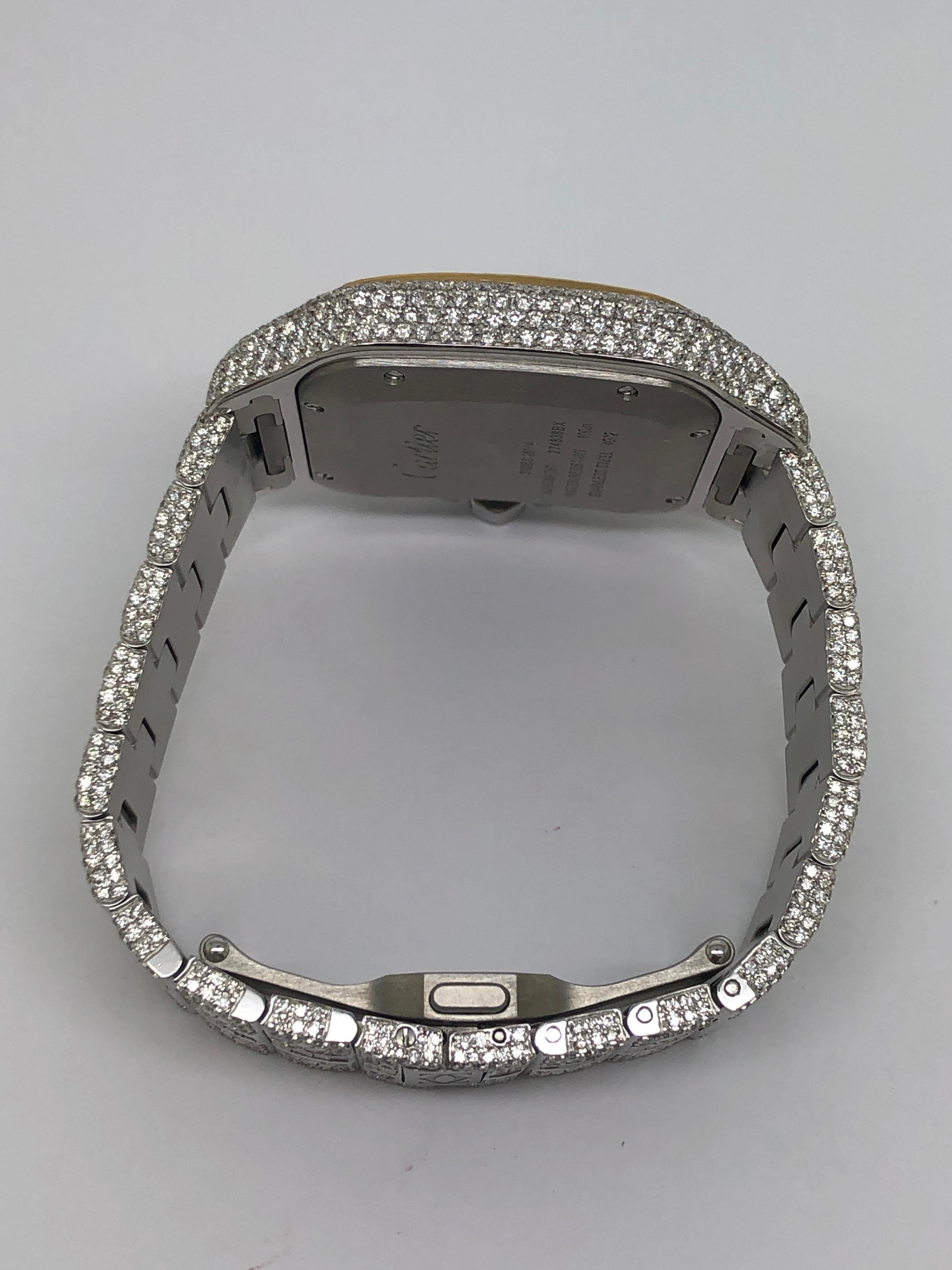 Men's Custom Iced Out VS1 Emerald Cut Diamonds Cartier Santos Wrist Watch For Sale