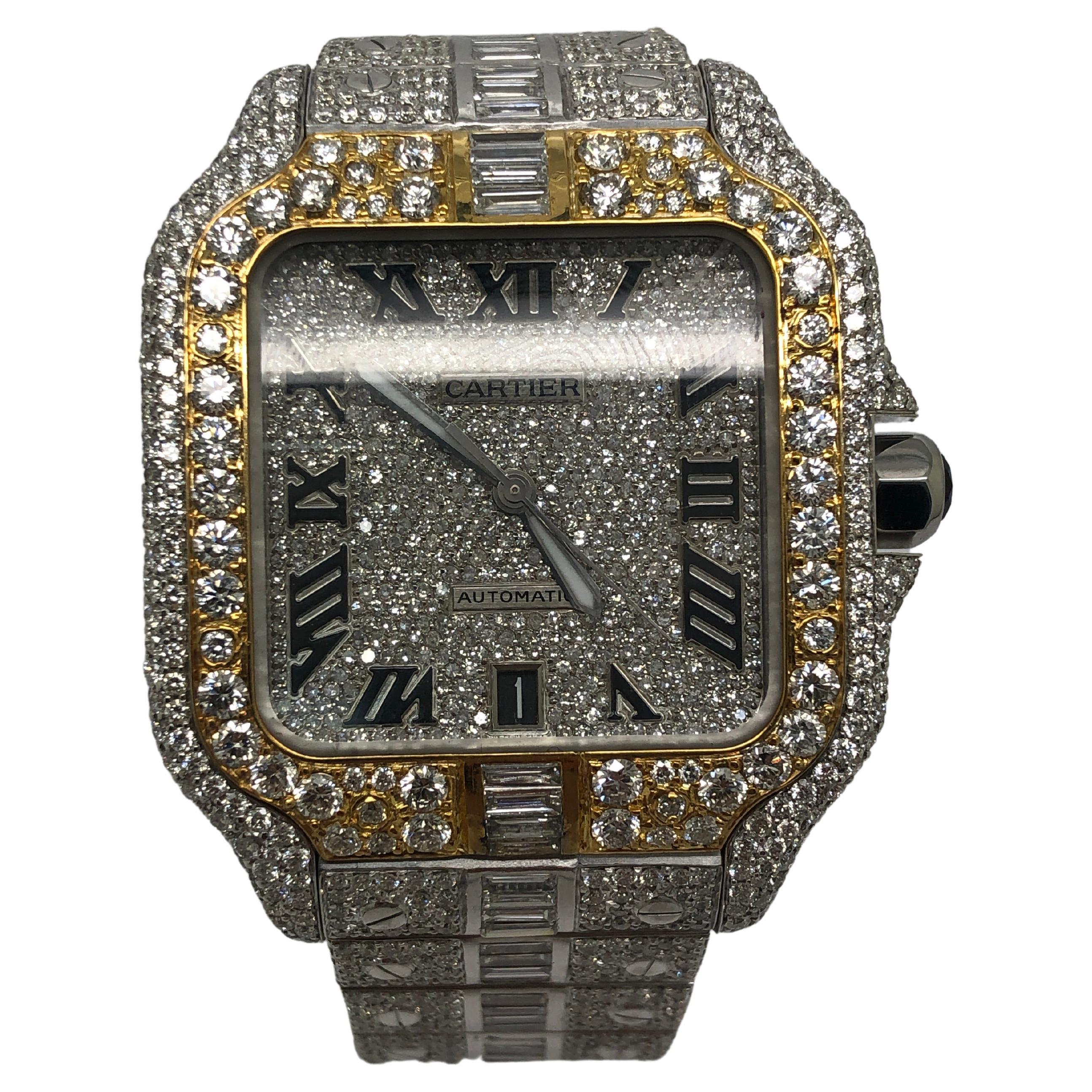 Custom Iced Out VS1 Emerald Cut Diamonds Cartier Santos Wrist Watch