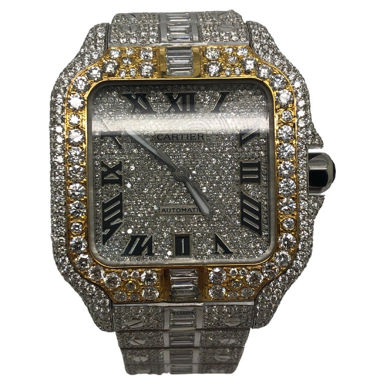 Custom Iced Out VS1 Emerald Cut Diamonds Cartier Santos Wrist Watch For