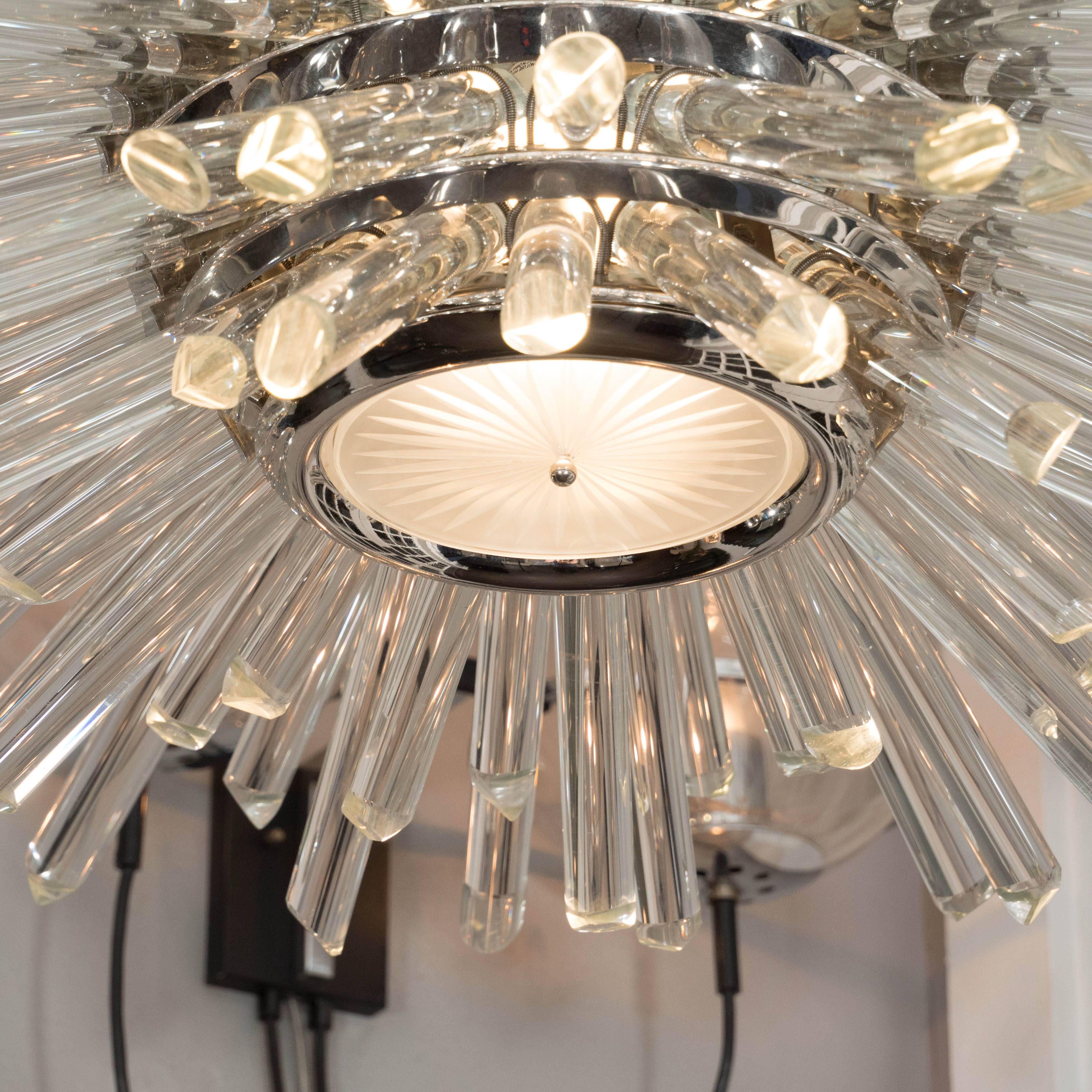 American Custom Illuminating Glass Rod Oval Sputnik Chandelier in Polished Nickel For Sale