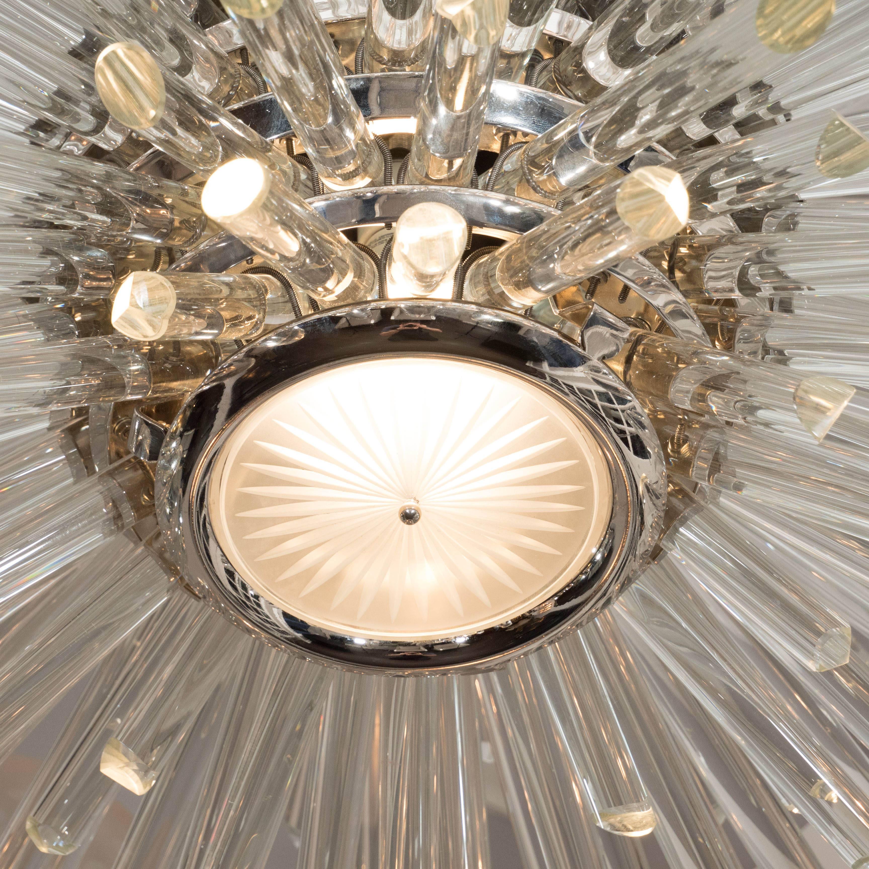 Contemporary Custom Illuminating Glass Rod Oval Sputnik Chandelier in Polished Nickel For Sale