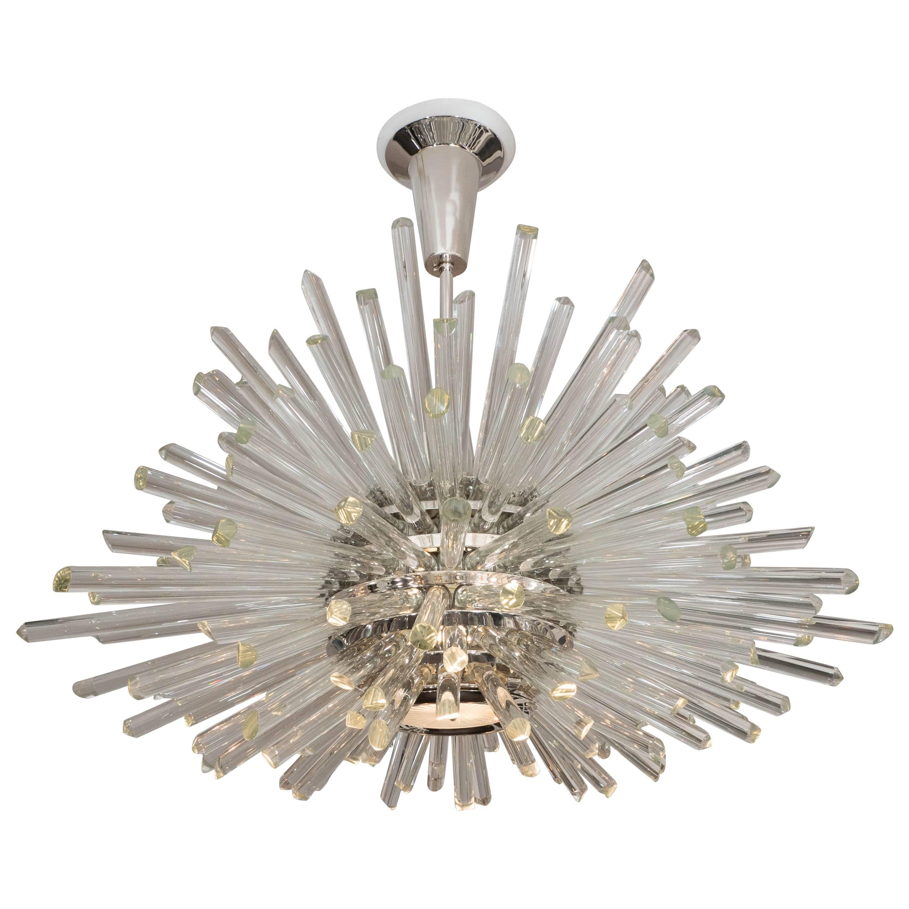 Custom Illuminating Glass Rod Oval Sputnik Chandelier in Polished Nickel For Sale