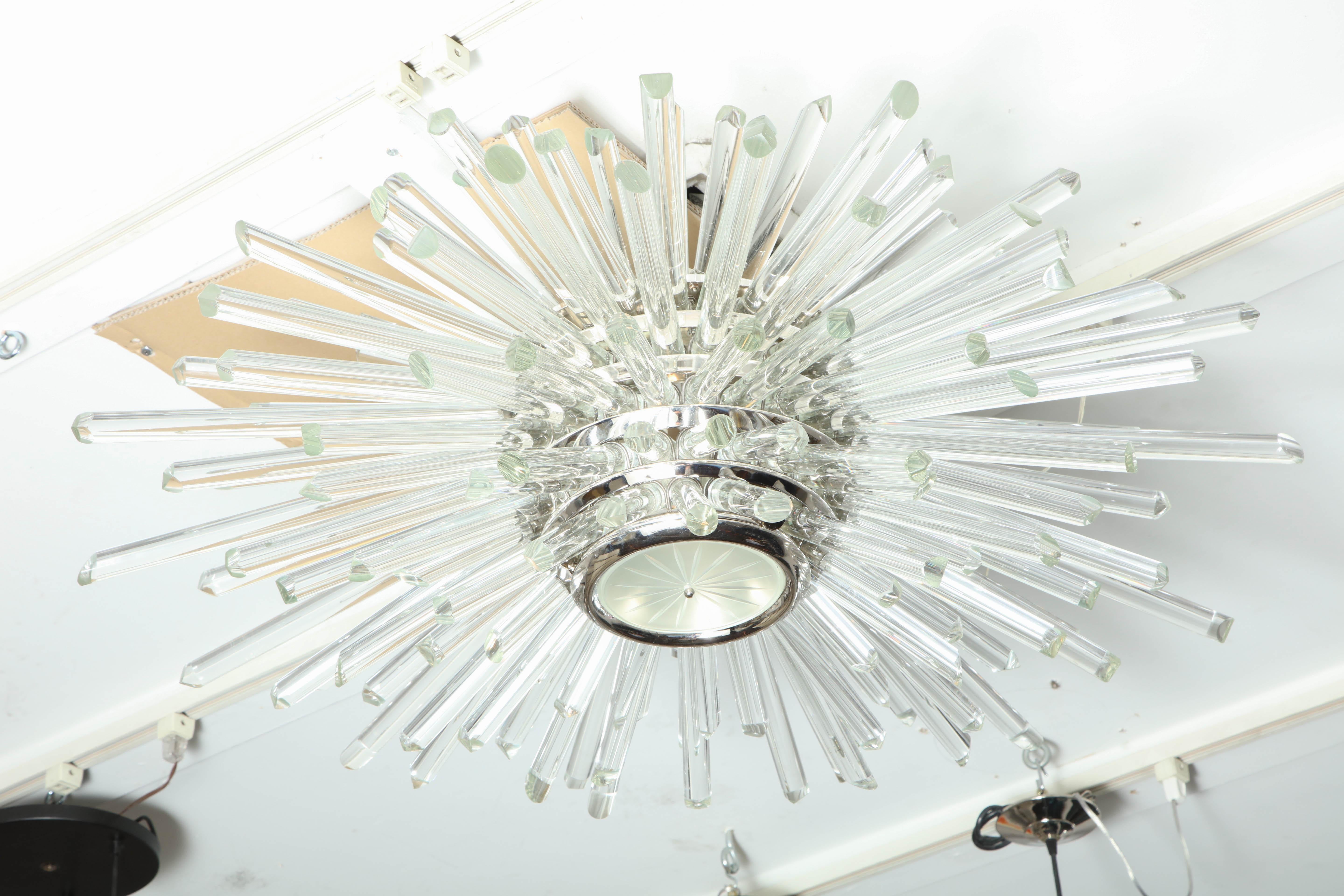 Custom illuminating glass rod Sputnik flush mount fixture in polished nickel finish. Custom orders are available for different sizes and finishes.