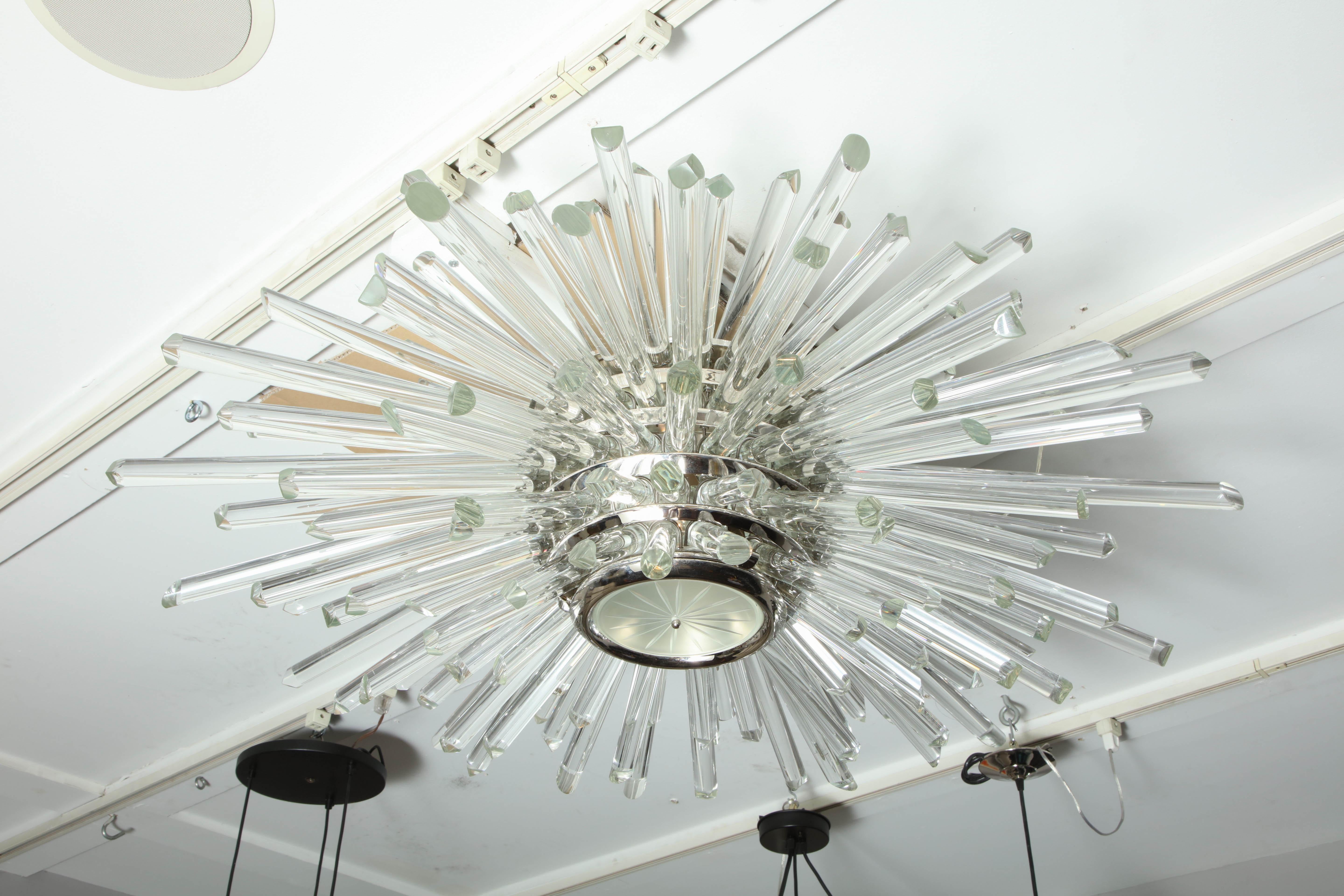 Mid-Century Modern Custom Illuminating Glass Rod Sputnik Flush Mount in Polished Nickel For Sale
