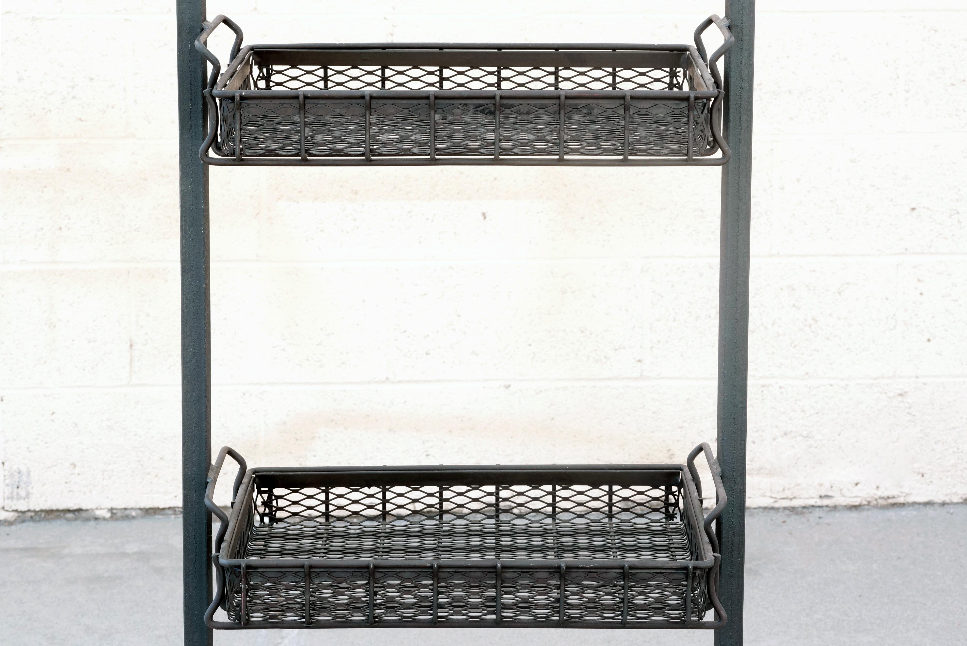 Late 20th Century Custom Industrial Display Rack with Vintage Industrial Baskets For Sale