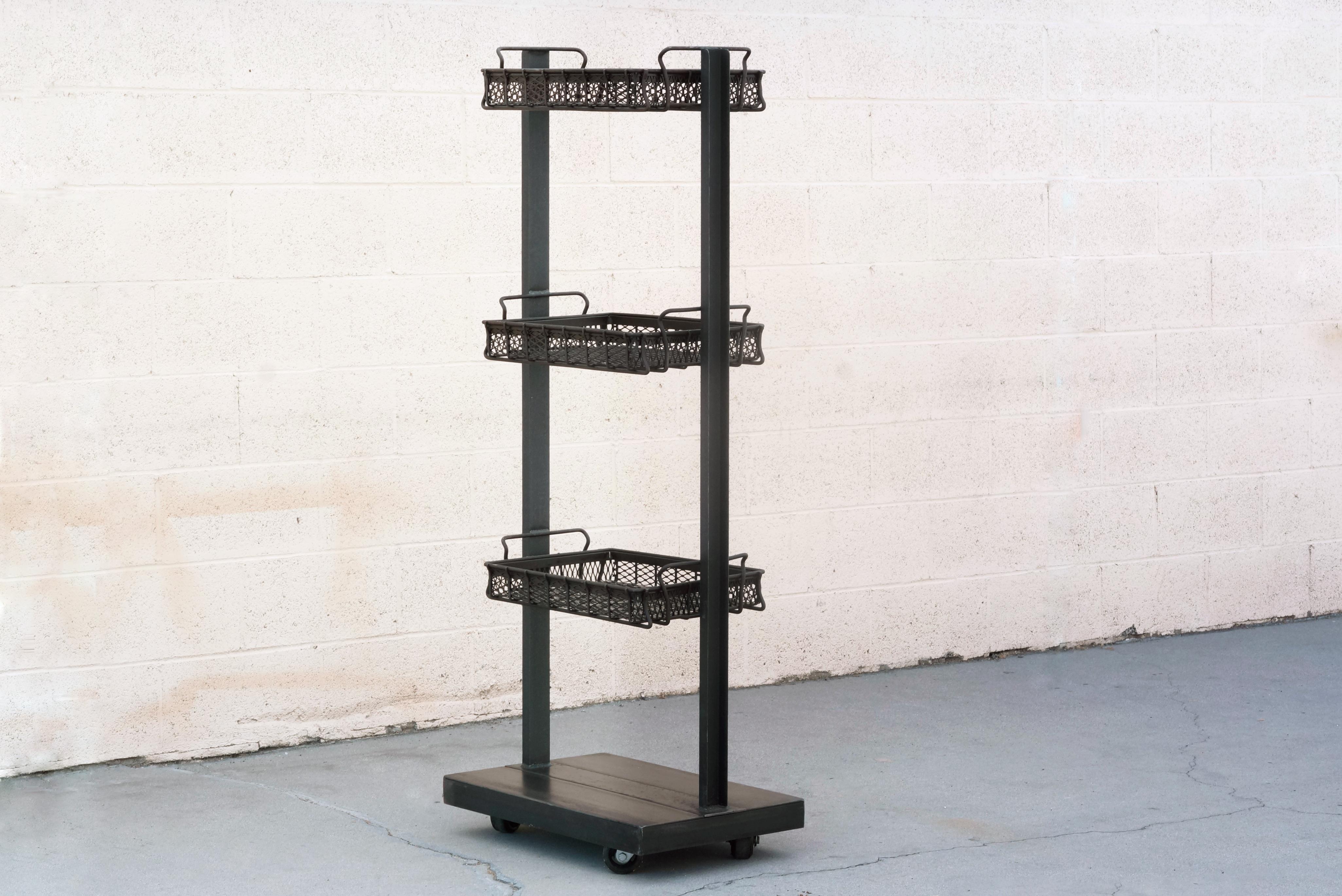 Steel Custom Industrial Display Rack with Vintage Industrial Baskets For Sale
