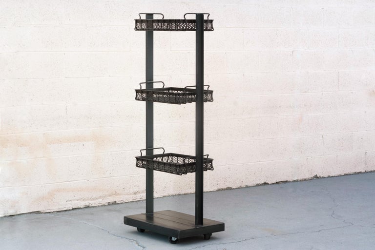 Custom Industrial Display Rack with Vintage Industrial Baskets For Sale