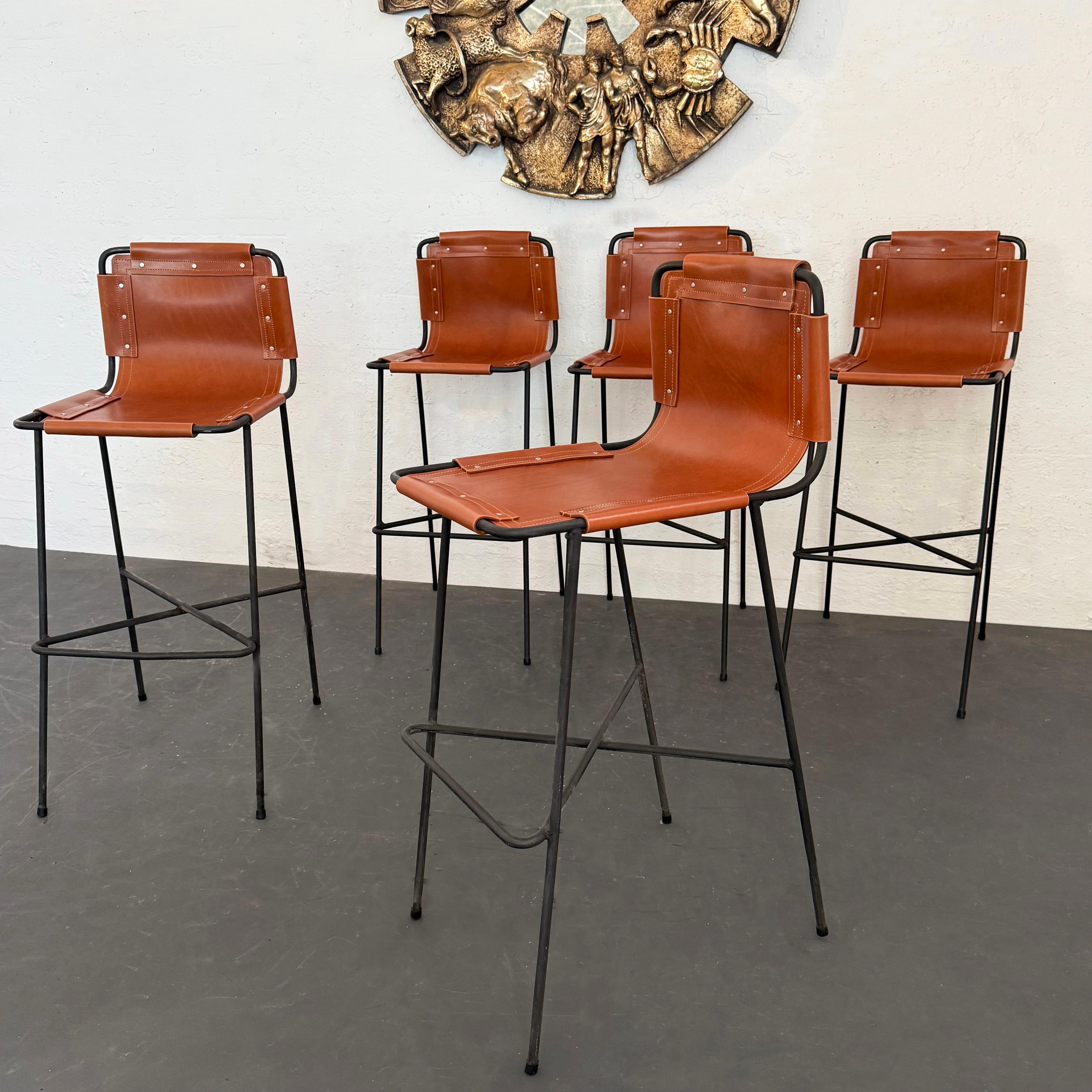 Custom Industrial Leather And Wrought Iron Bar Stool For Sale 6