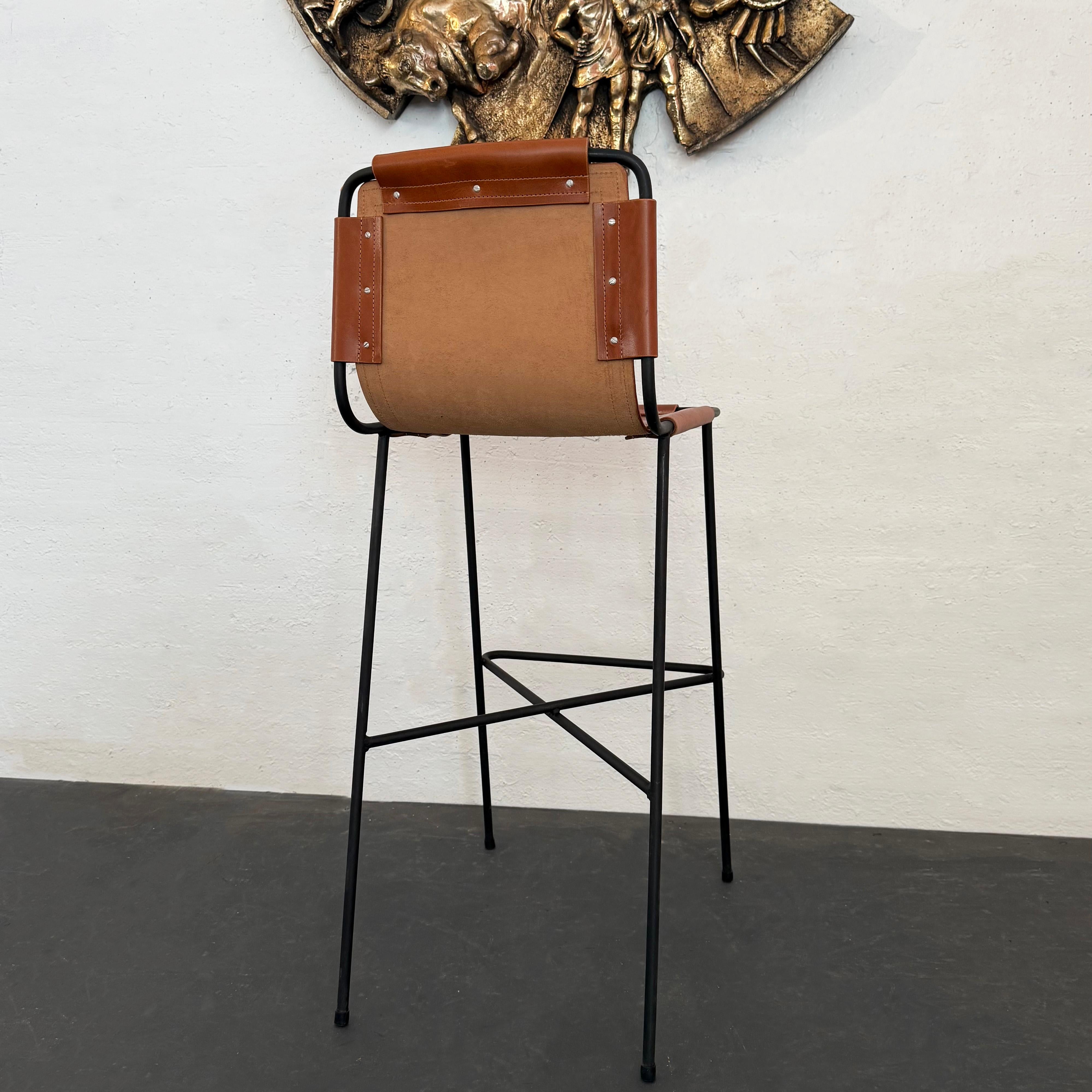 Custom Industrial Leather And Wrought Iron Bar Stool In Good Condition For Sale In Brooklyn, NY
