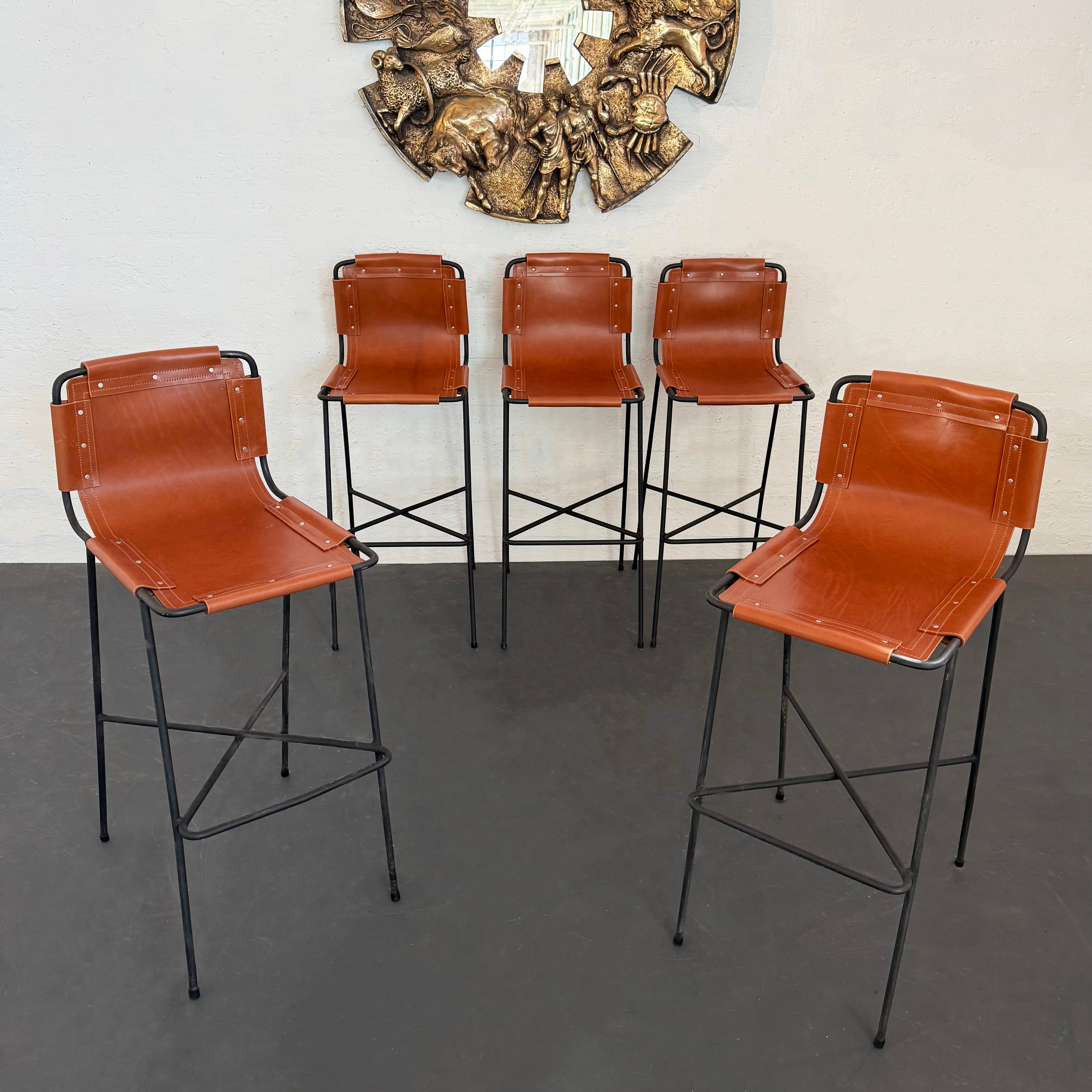 Contemporary Custom Industrial Leather And Wrought Iron Bar Stool For Sale