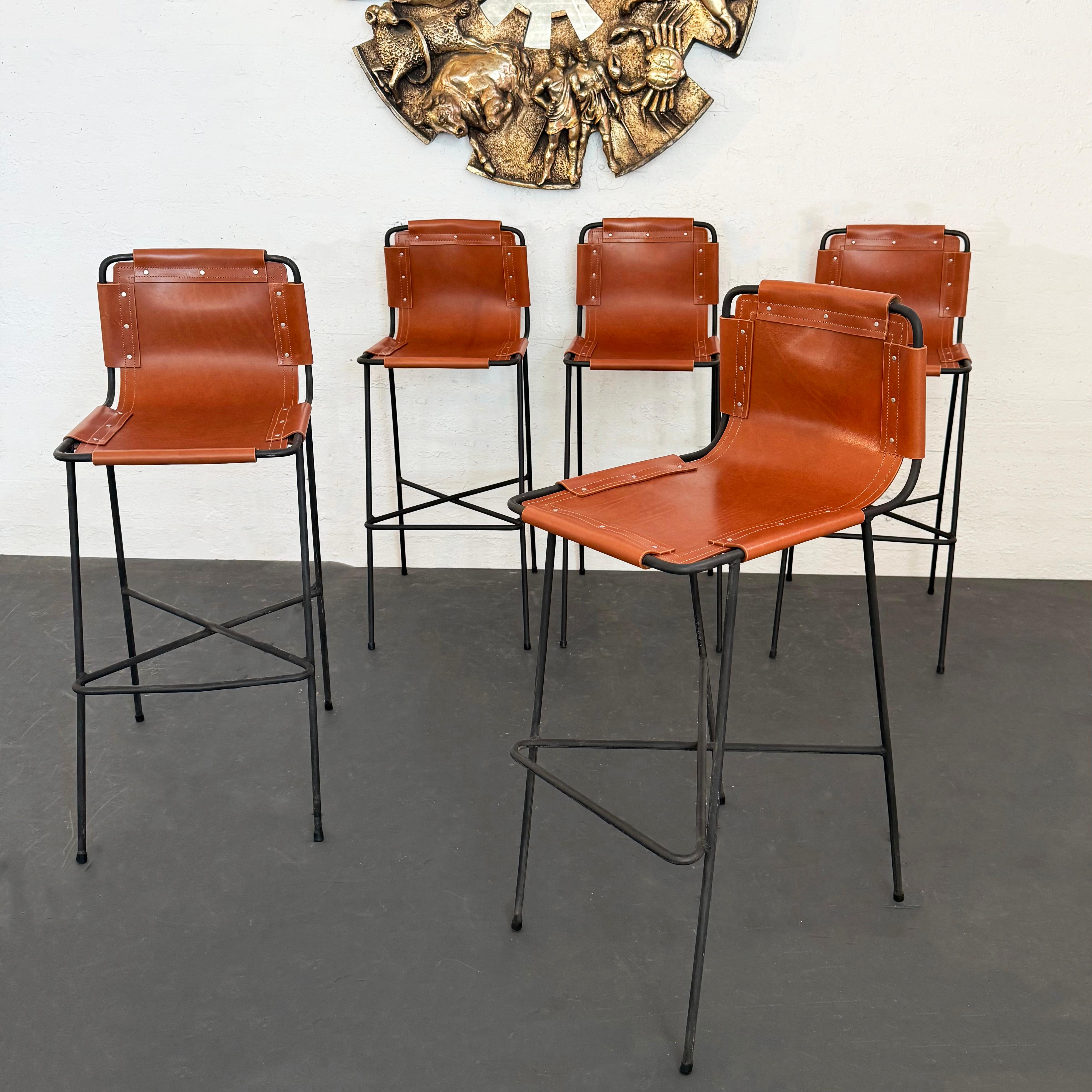 Custom Industrial Leather And Wrought Iron Bar Stool For Sale 1