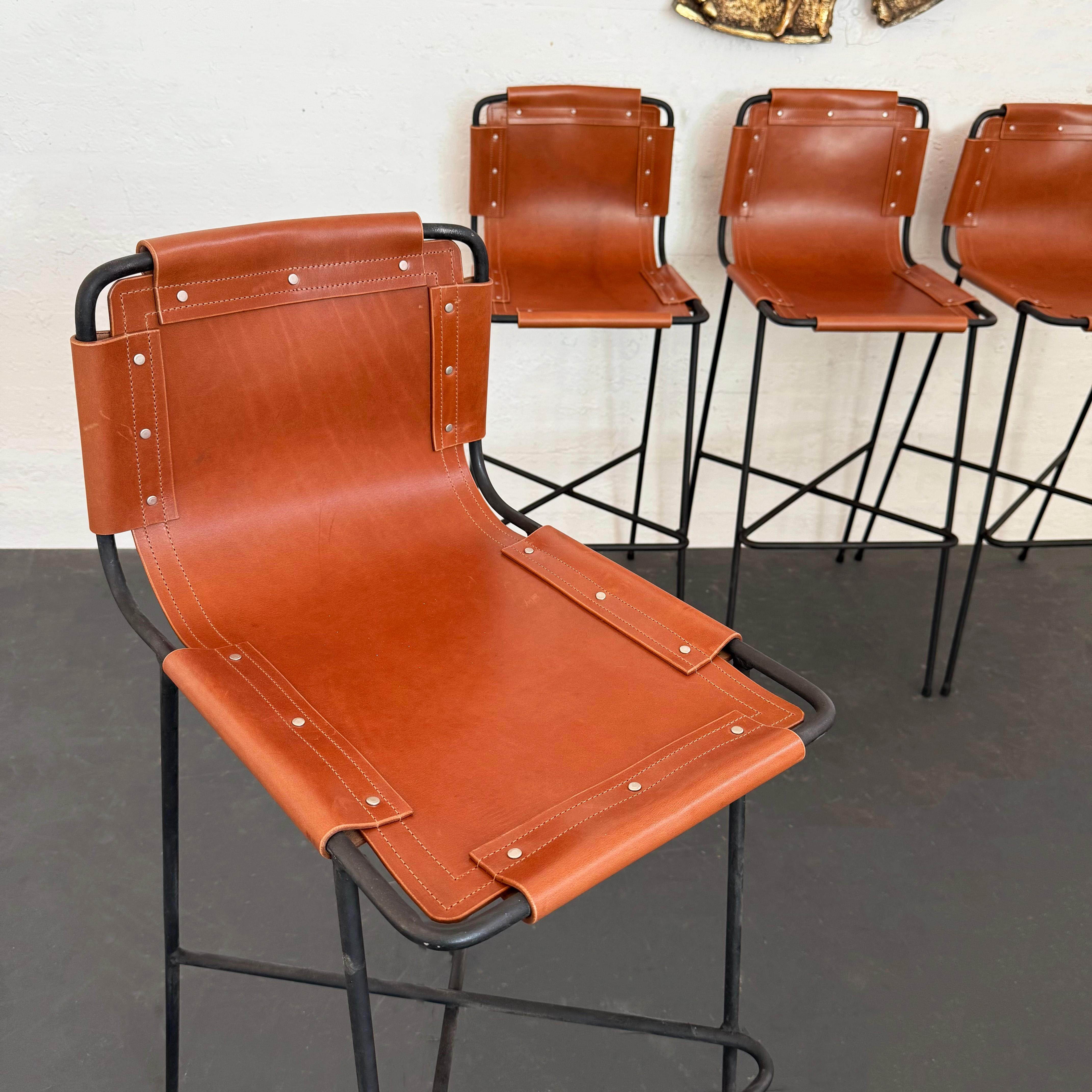 Custom Industrial Leather And Wrought Iron Bar Stool For Sale 2