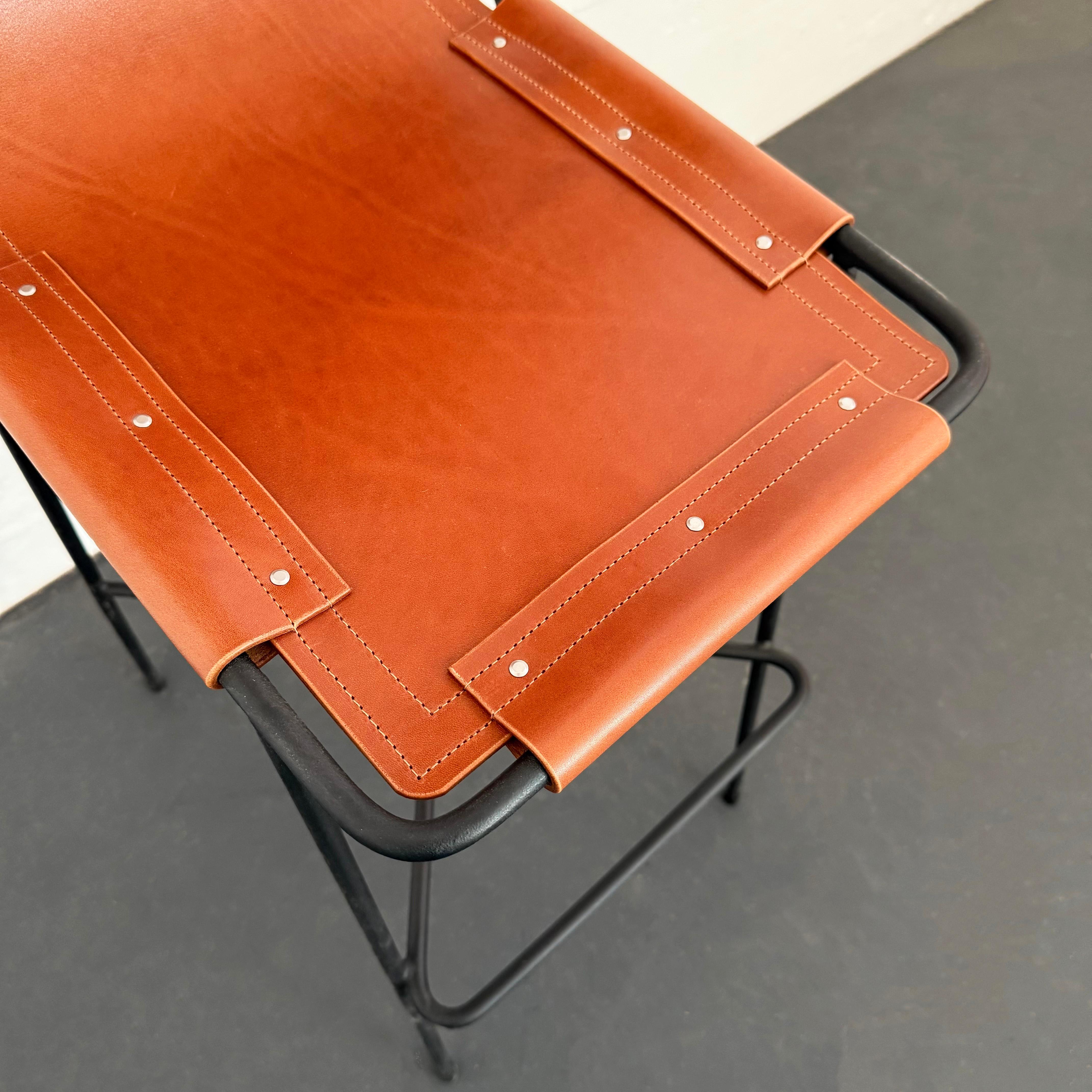 Custom Industrial Leather And Wrought Iron Bar Stool For Sale 3