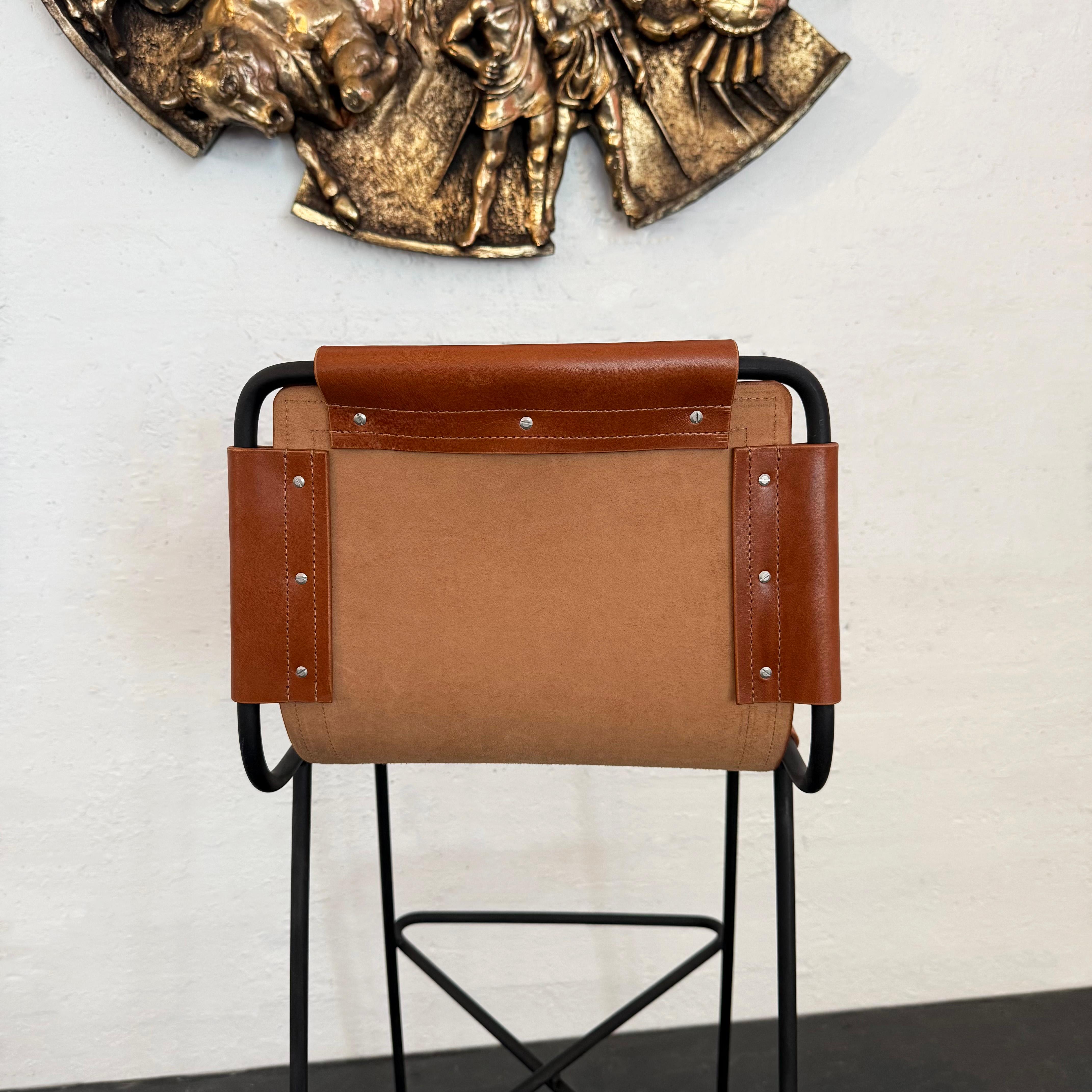 Custom Industrial Leather And Wrought Iron Bar Stool For Sale 4
