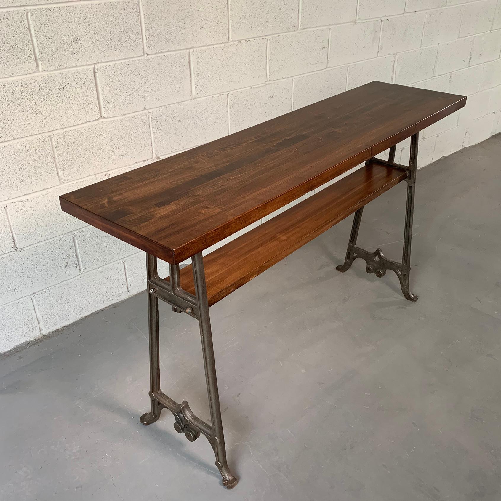 20th Century Custom Industrial Maple And Cast Iron Console Table