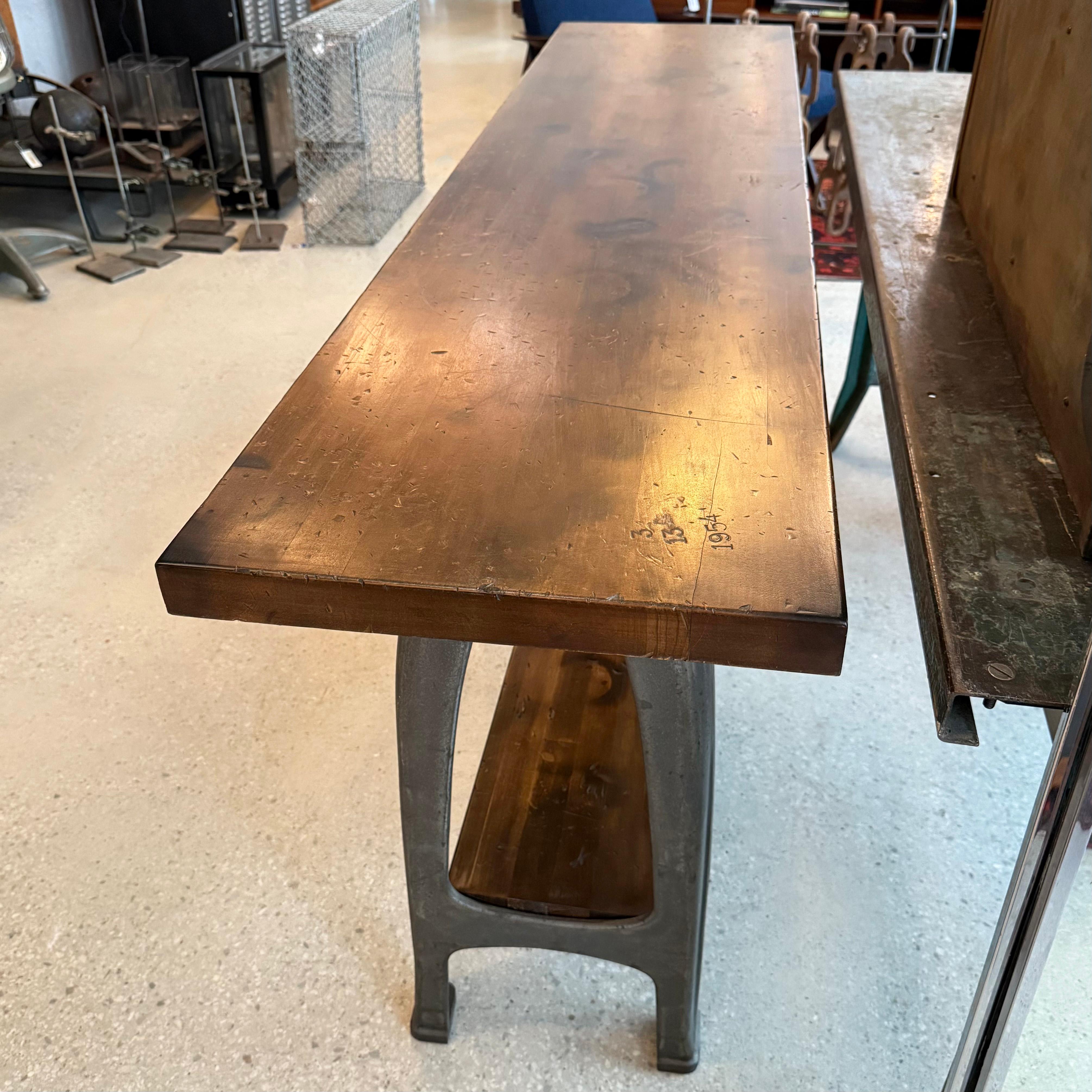 Custom Industrial Maple Console Table With Cast Iron Base For Sale 5