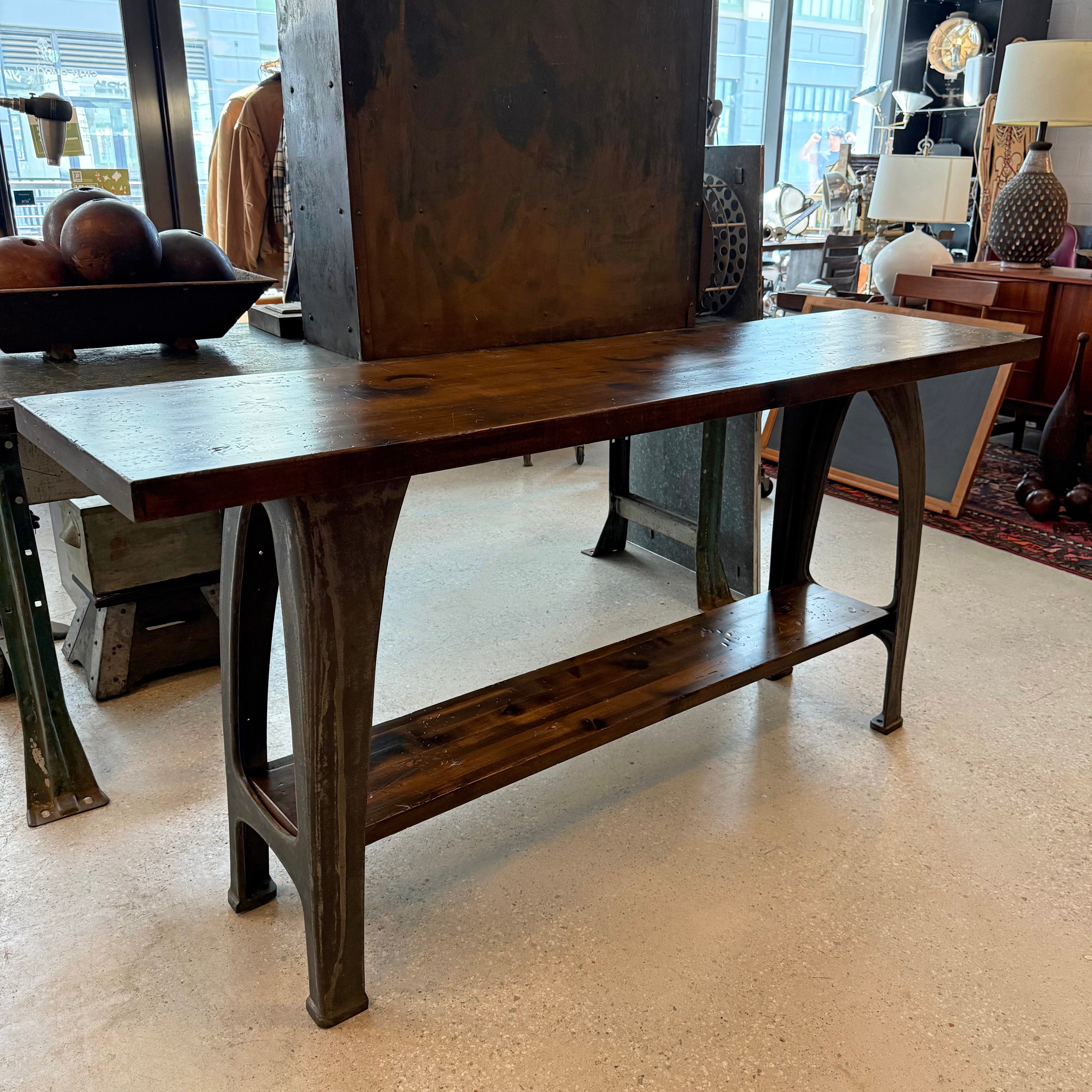 American Custom Industrial Maple Console Table With Cast Iron Base For Sale