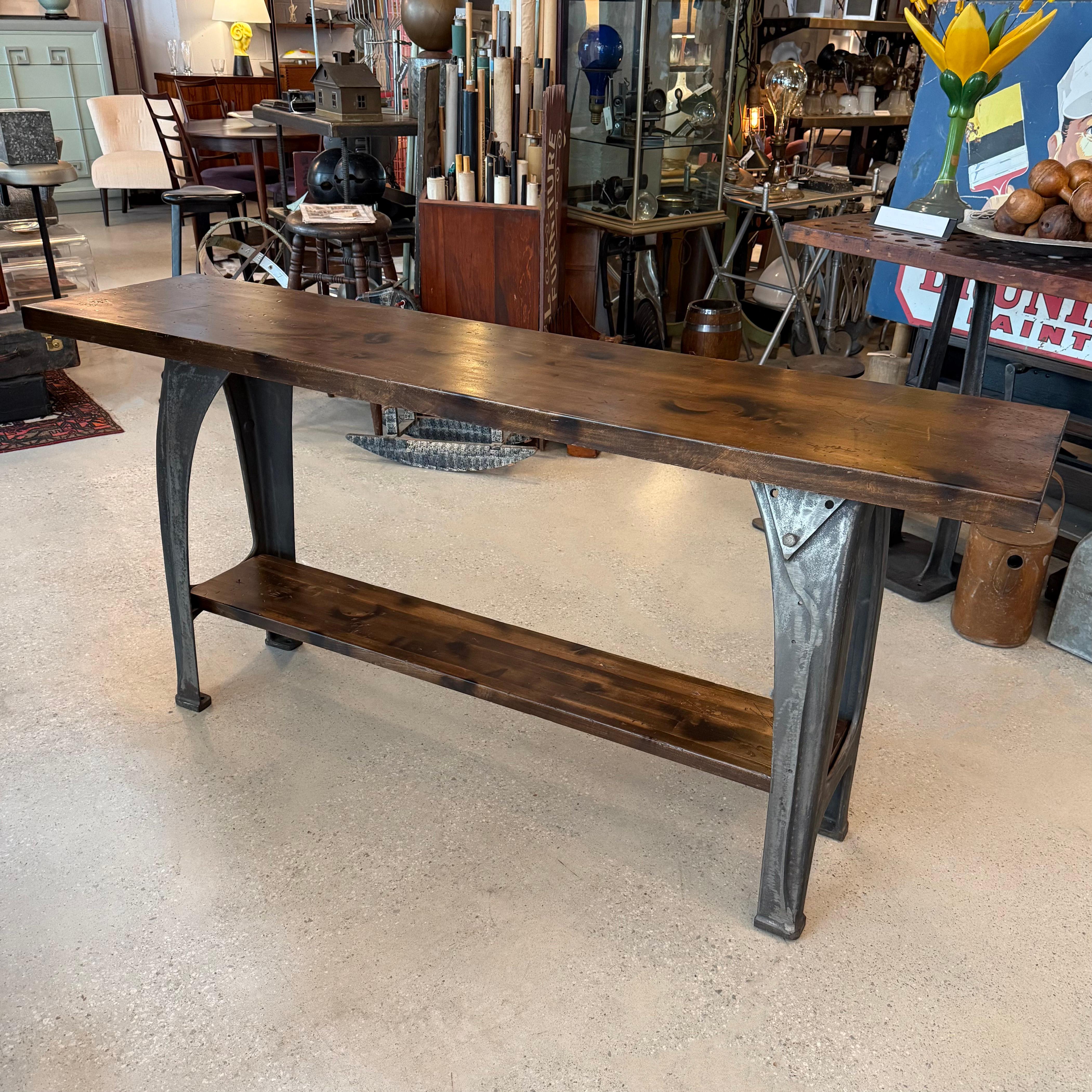 Custom Industrial Maple Console Table With Cast Iron Base In Good Condition For Sale In Brooklyn, NY