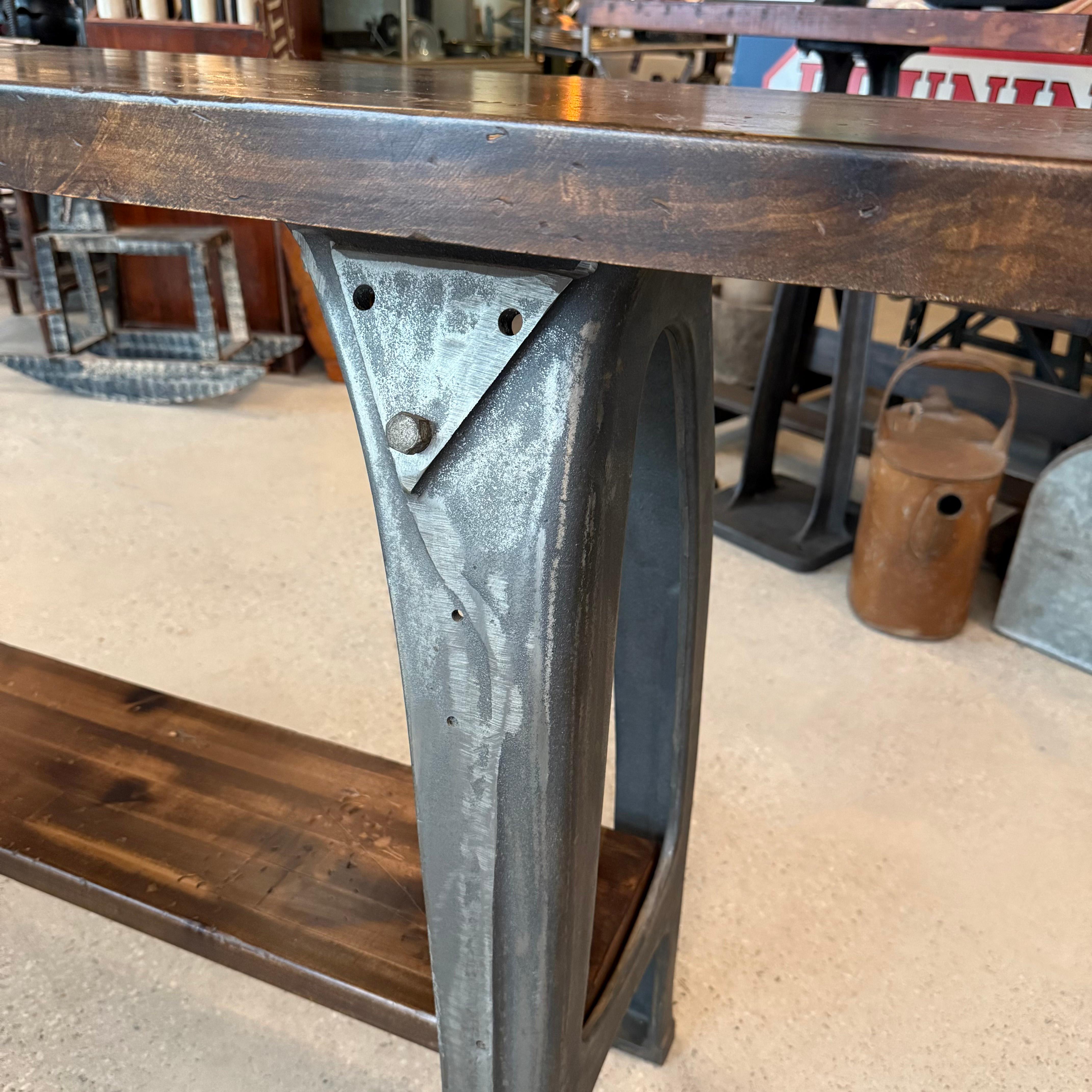 20th Century Custom Industrial Maple Console Table With Cast Iron Base For Sale