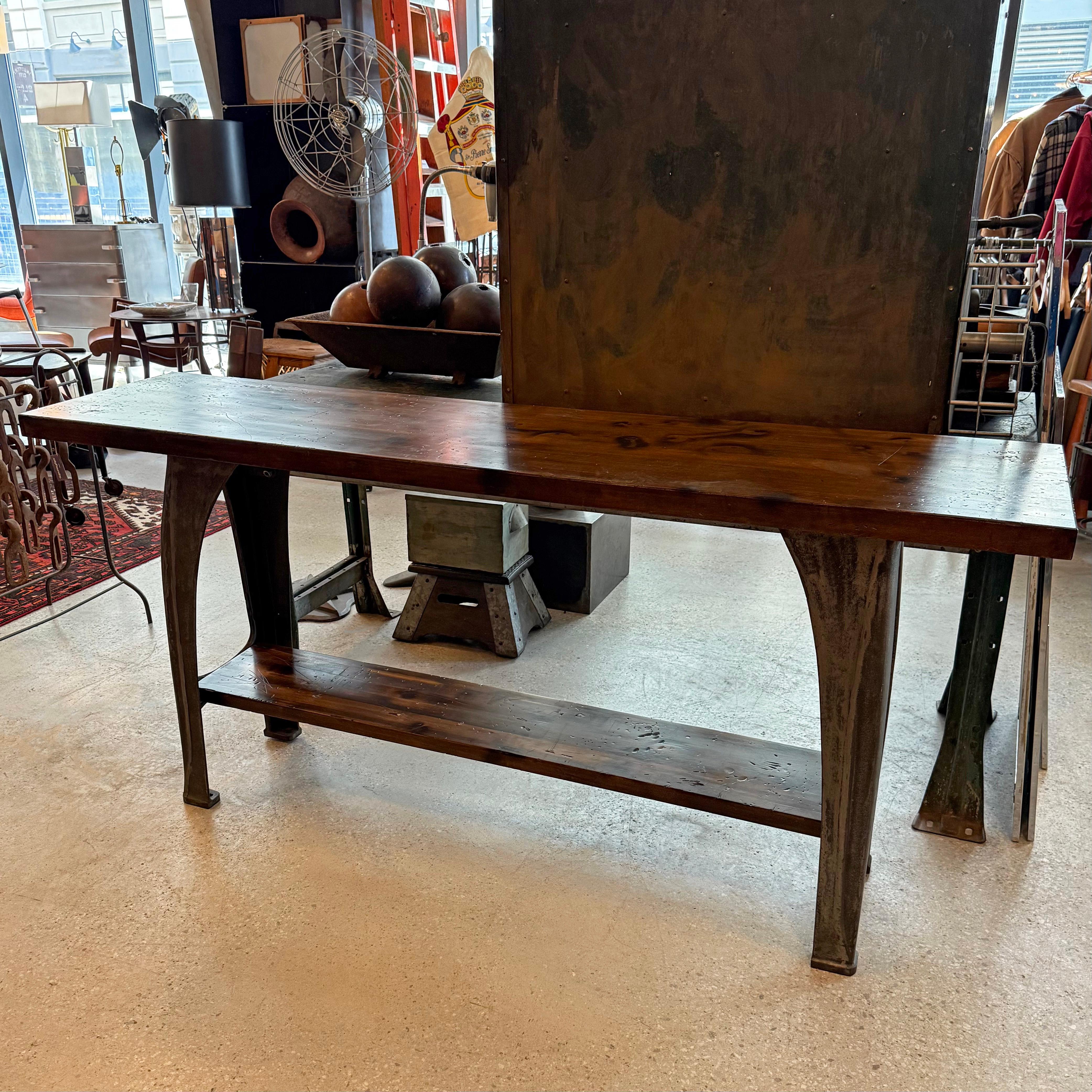 Custom Industrial Maple Console Table With Cast Iron Base For Sale 1