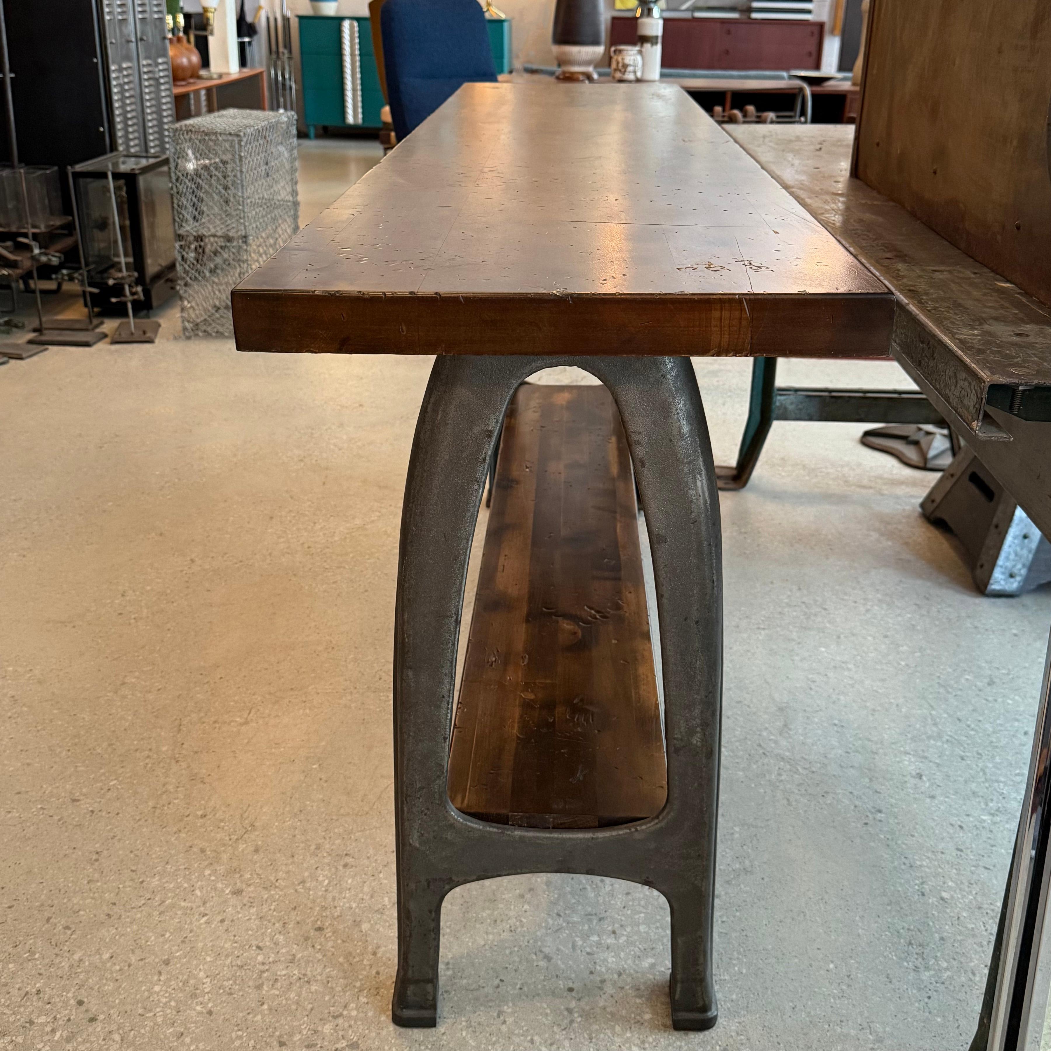 Custom Industrial Maple Console Table With Cast Iron Base For Sale 2