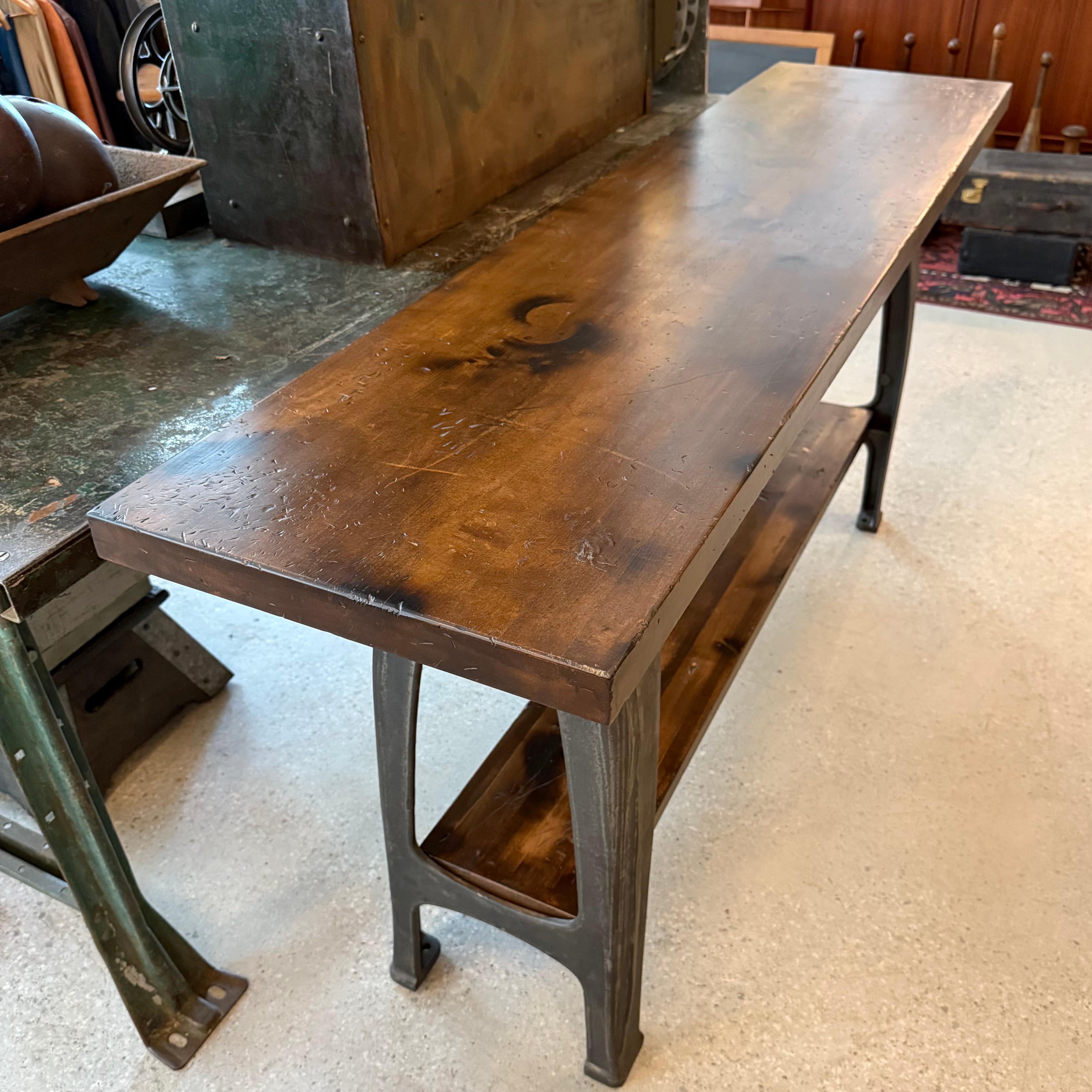 Custom Industrial Maple Console Table With Cast Iron Base For Sale 3