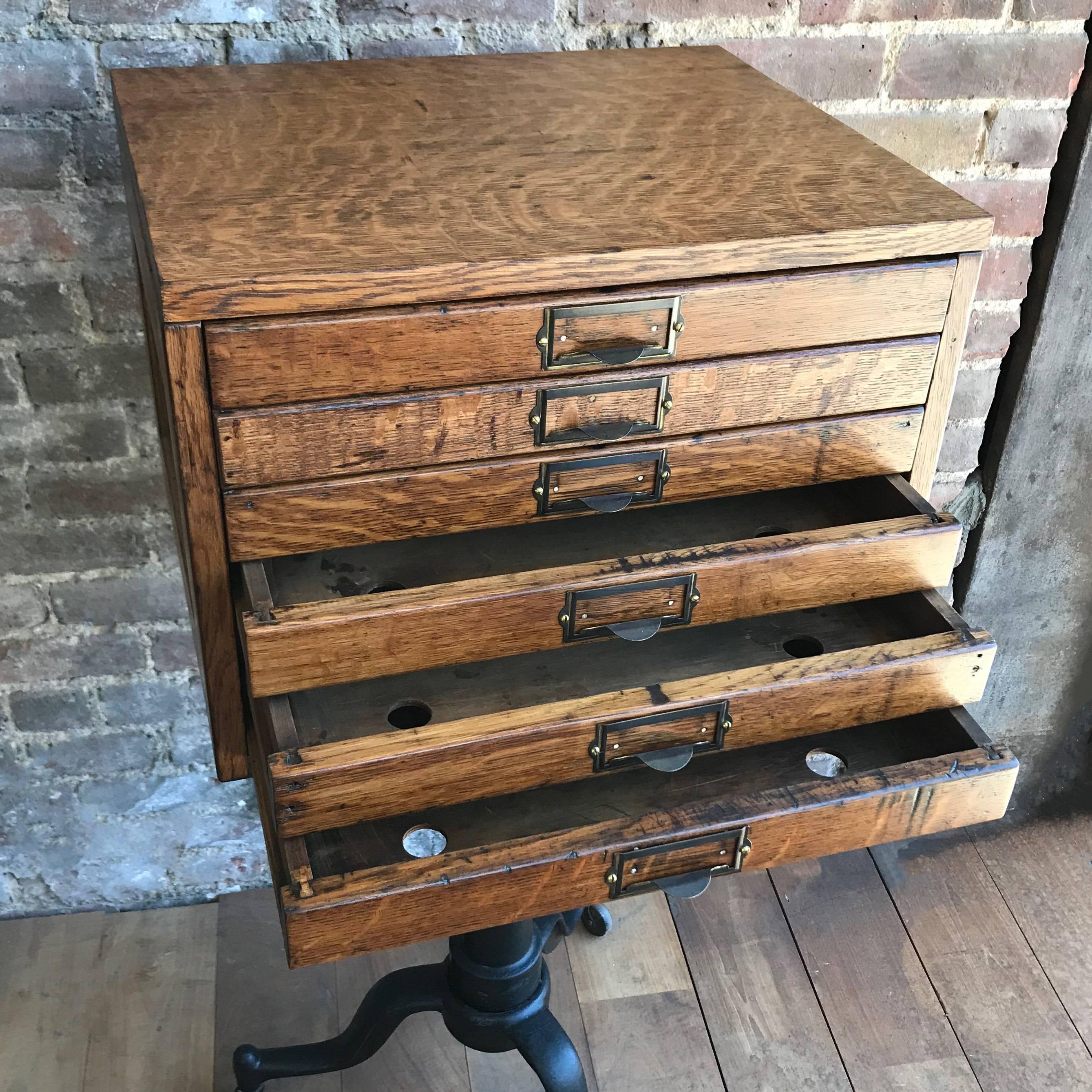 Custom Industrial Oak Flat File Cabinet on Cast Iron Pedestal Base In Excellent Condition In Brooklyn, NY