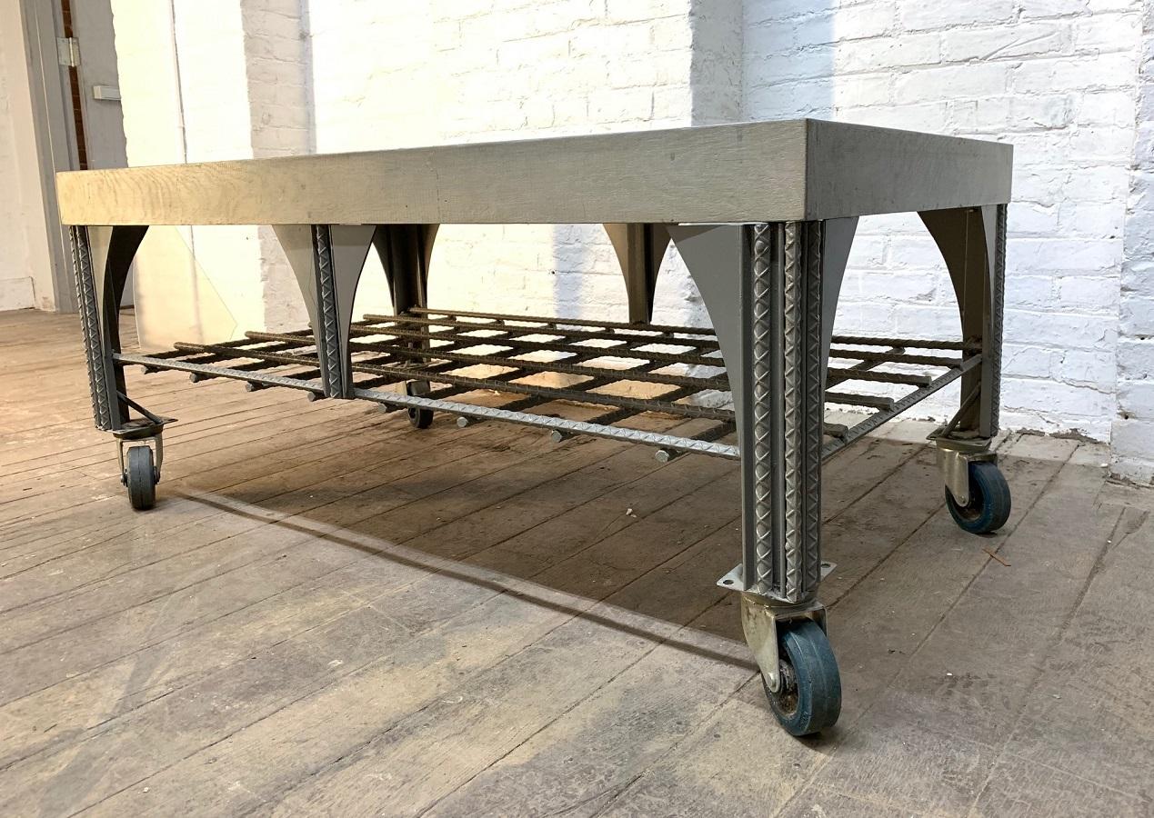 Late 20th Century Custom Industrial Steel Coffee Table with Faceted Glass Top
