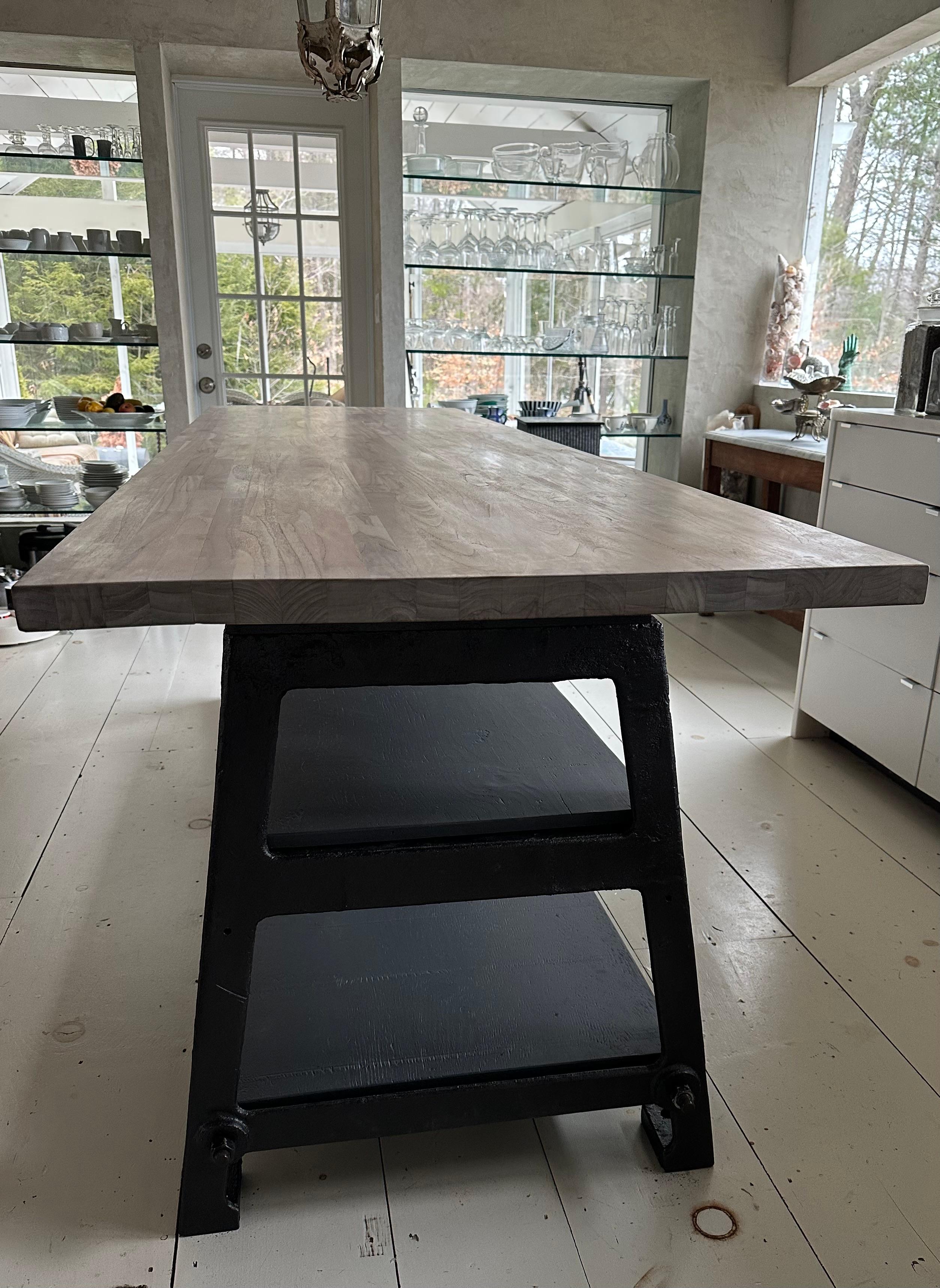 Custom according to your needs.  The listing shows a 9’ teak butcher block top on a 8’ industrial metal base.  Ask us for a quote for a marble, quartz, granite, wood or a butcher block.
The heavy duty industrial base will add character and style to