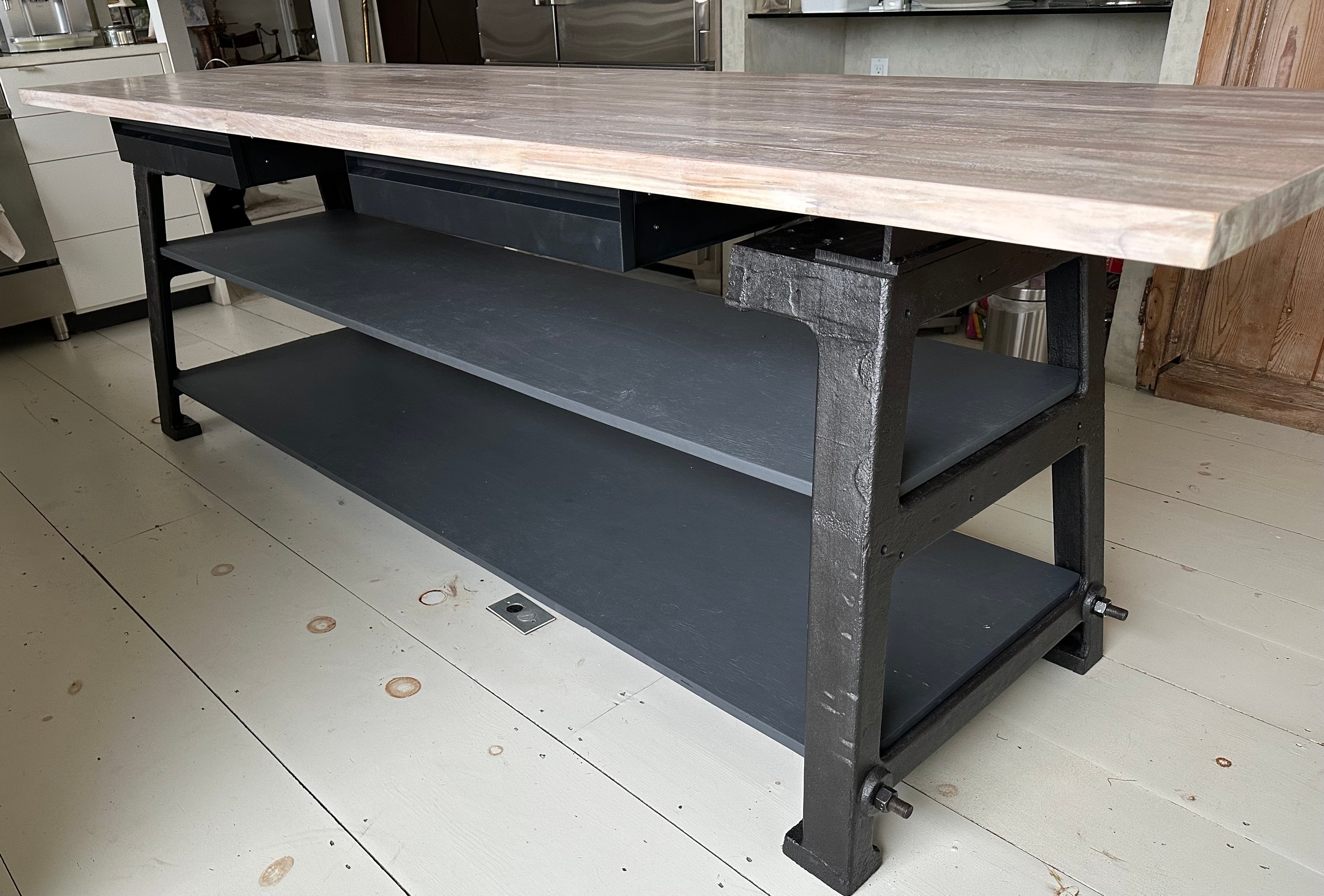 Custom Industrial Style Kitchen Island with Butcher Block Top In Good Condition For Sale In Sheffield, MA