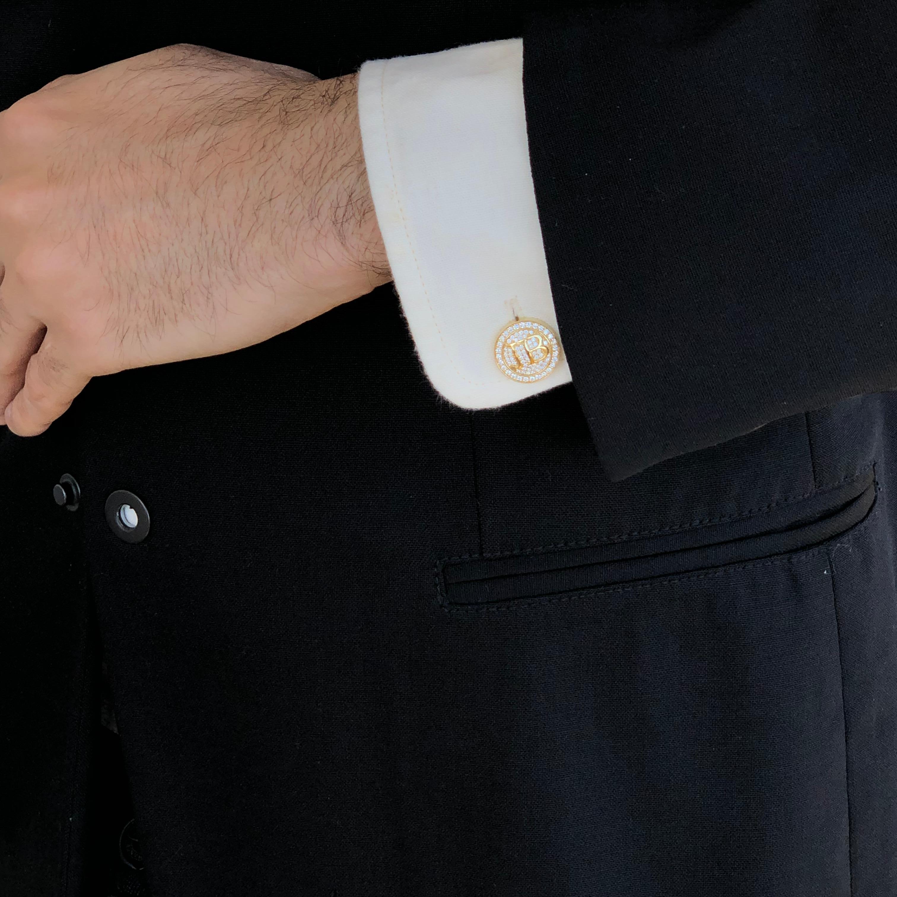 Modern Custom Initial Diamond Cufflinks, 1.40 Carat TW Approximate 18 Karat, Ben Dannie For Sale