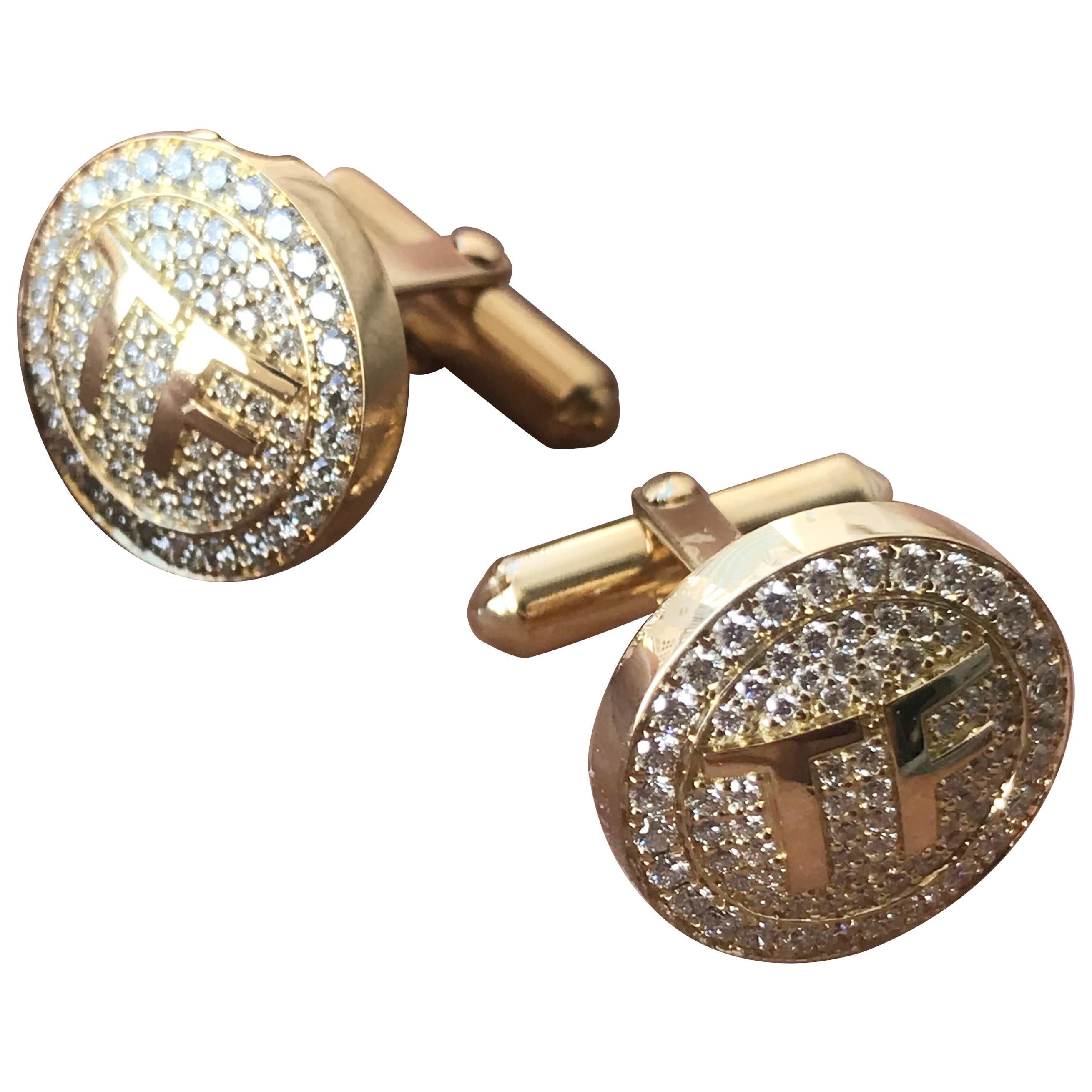 Custom Initial Diamond Cufflinks, 1.40 Carat TW Approximate 18 Karat, Ben Dannie For Sale