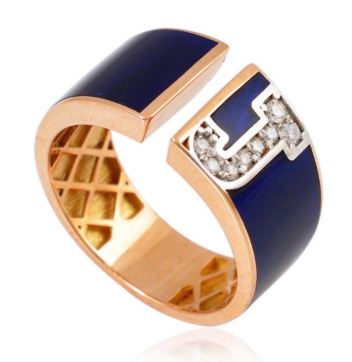 For Sale:  Custom Initial Enamel Lapis Diamond 18 Karat Gold Ring 3